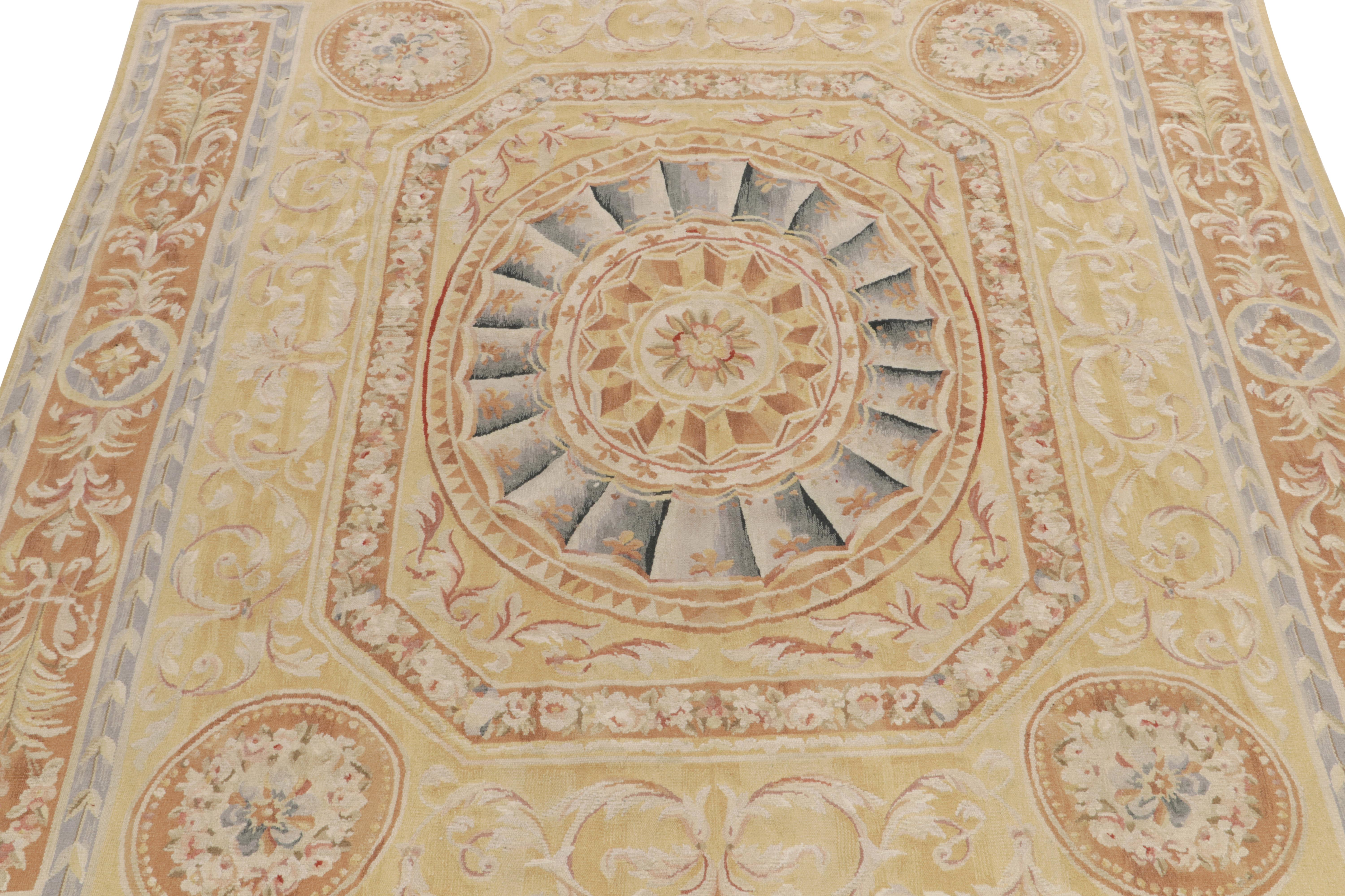Hand-Knotted Rug & Kilim's Aubusson Style Flatweave Rug in Gold, Beige-Brown & Blue Florals For Sale