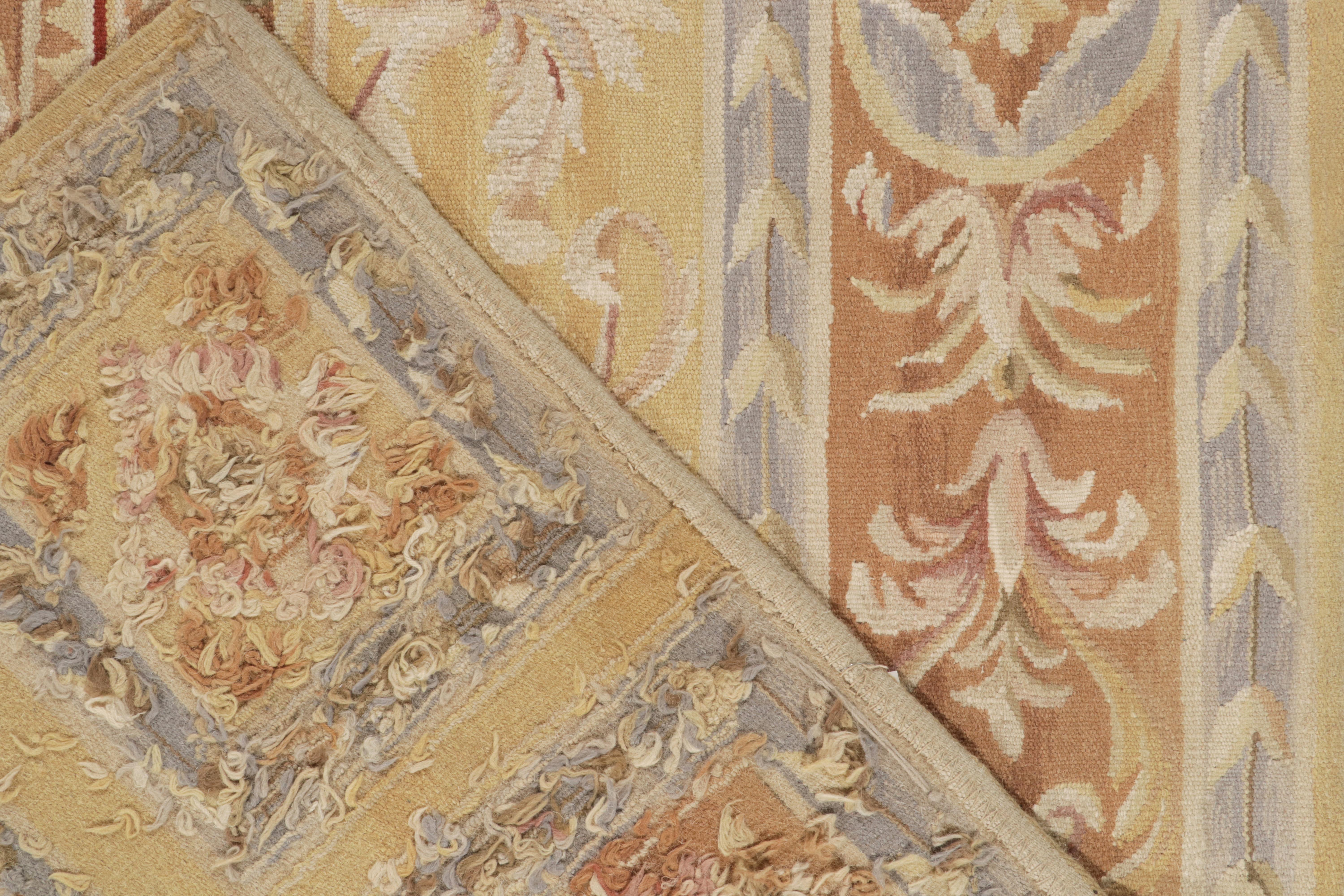 Contemporary Rug & Kilim's Aubusson Style Flatweave Rug in Gold, Beige-Brown & Blue Florals For Sale