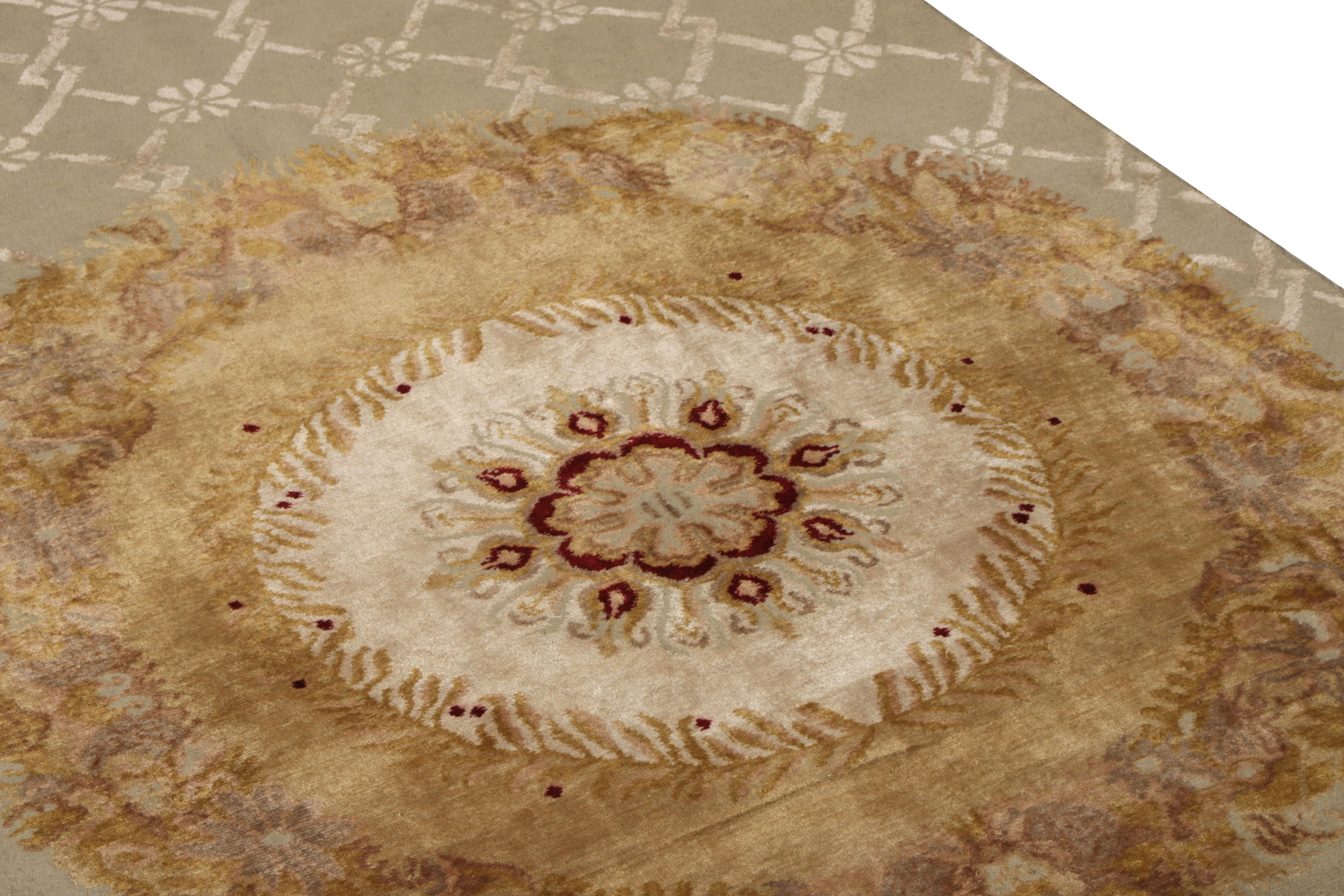 Art Deco Rug & Kilim’s Aubusson Style Rug in Beige-Brown and Green Medallion Pattern For Sale