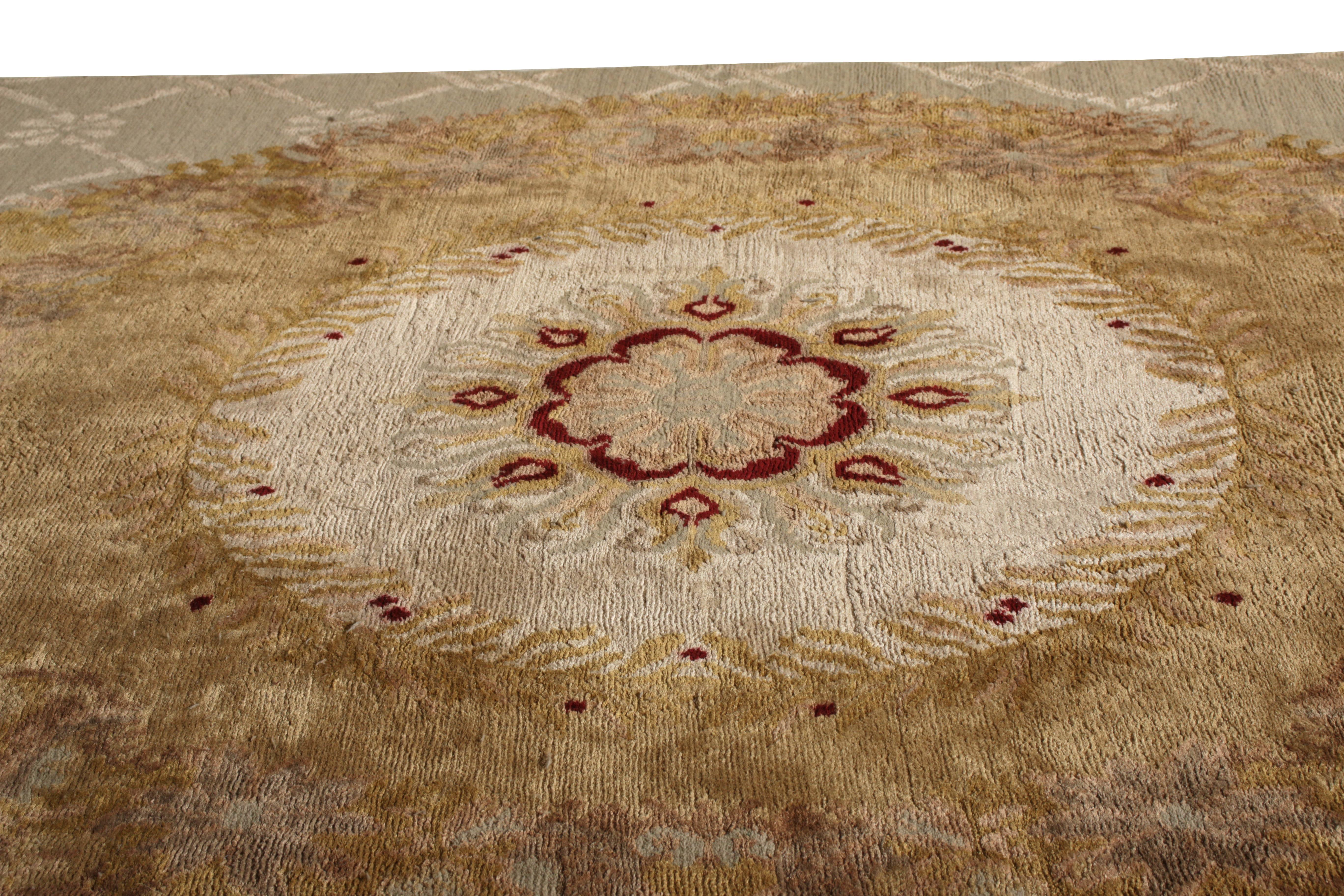 Nepalese Rug & Kilim’s Aubusson Style Rug in Beige-Brown and Green Medallion Pattern For Sale