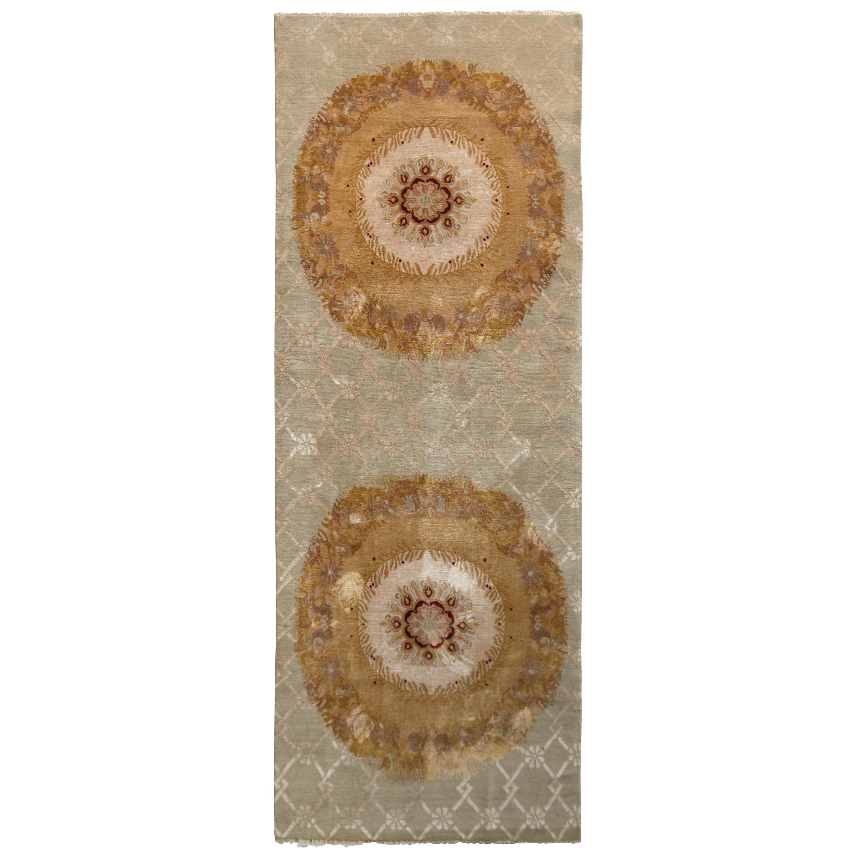 Rug & Kilim’s Aubusson Style Rug in Beige-Brown and Green Medallion Pattern For Sale