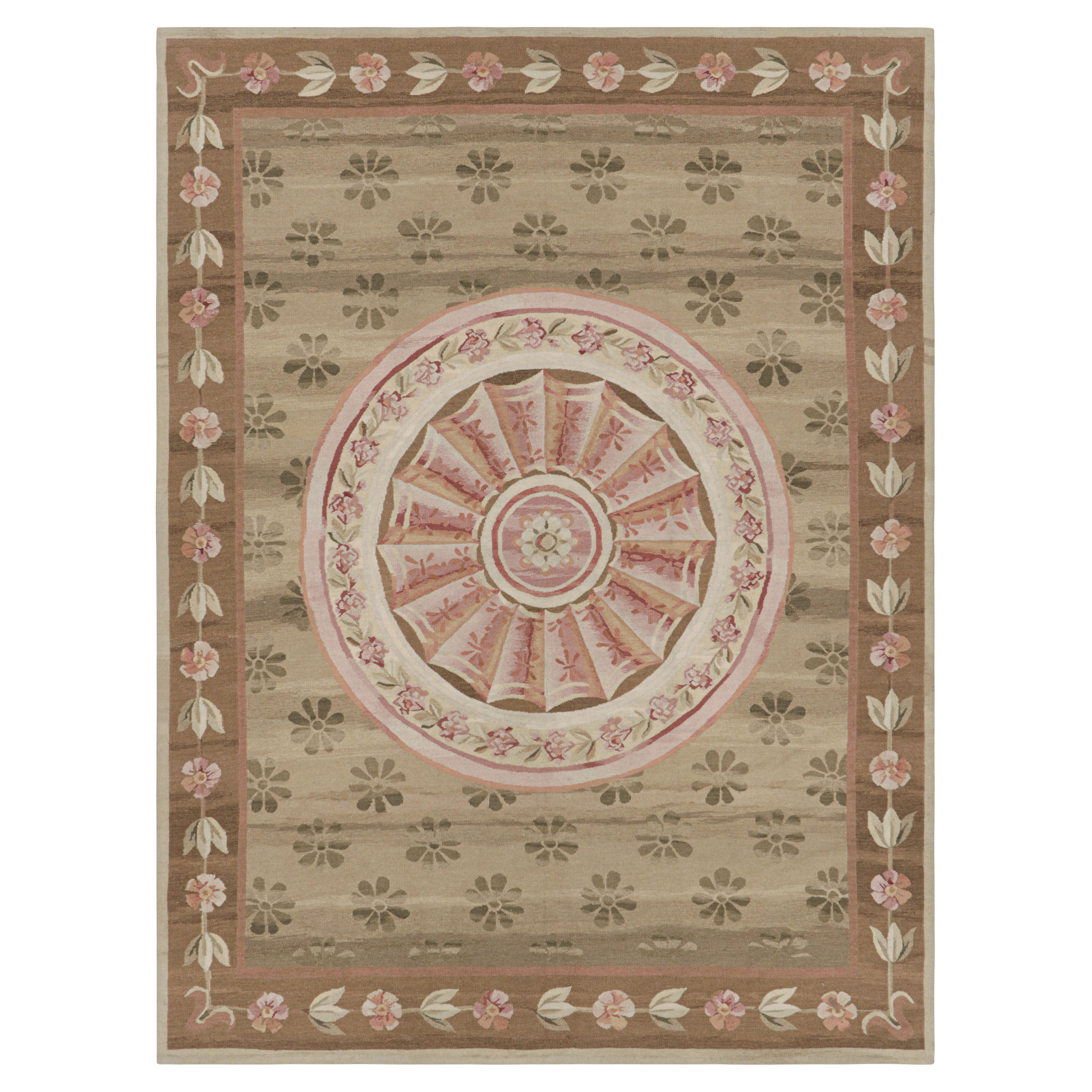 Rug & Kilim’s Aubusson Style Rug in Beige-Brown and Pink with Floral Medallion