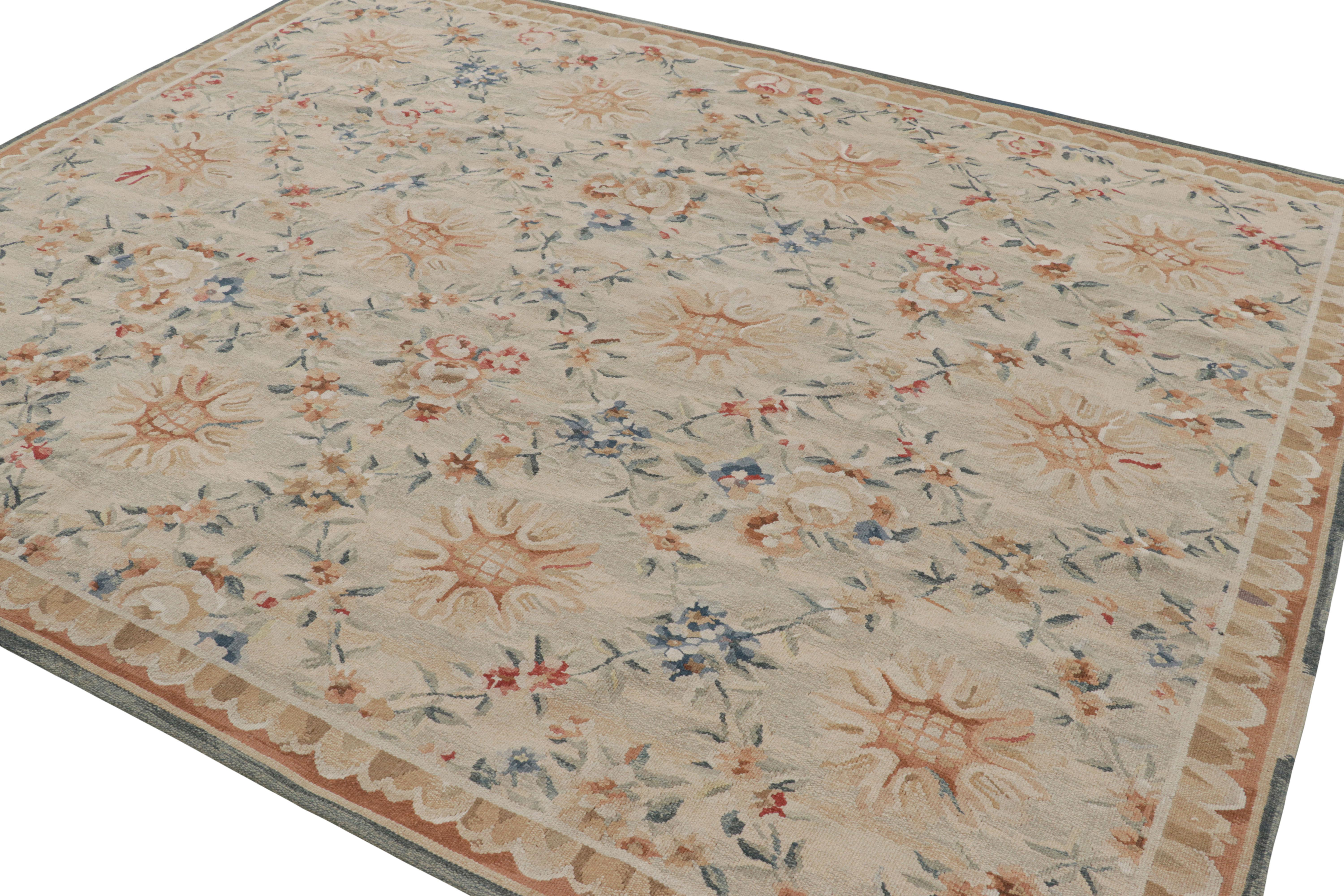 Hand-Woven Rug & Kilim’s Aubusson Style Rug in Beige-Cream with Floral Patterns For Sale
