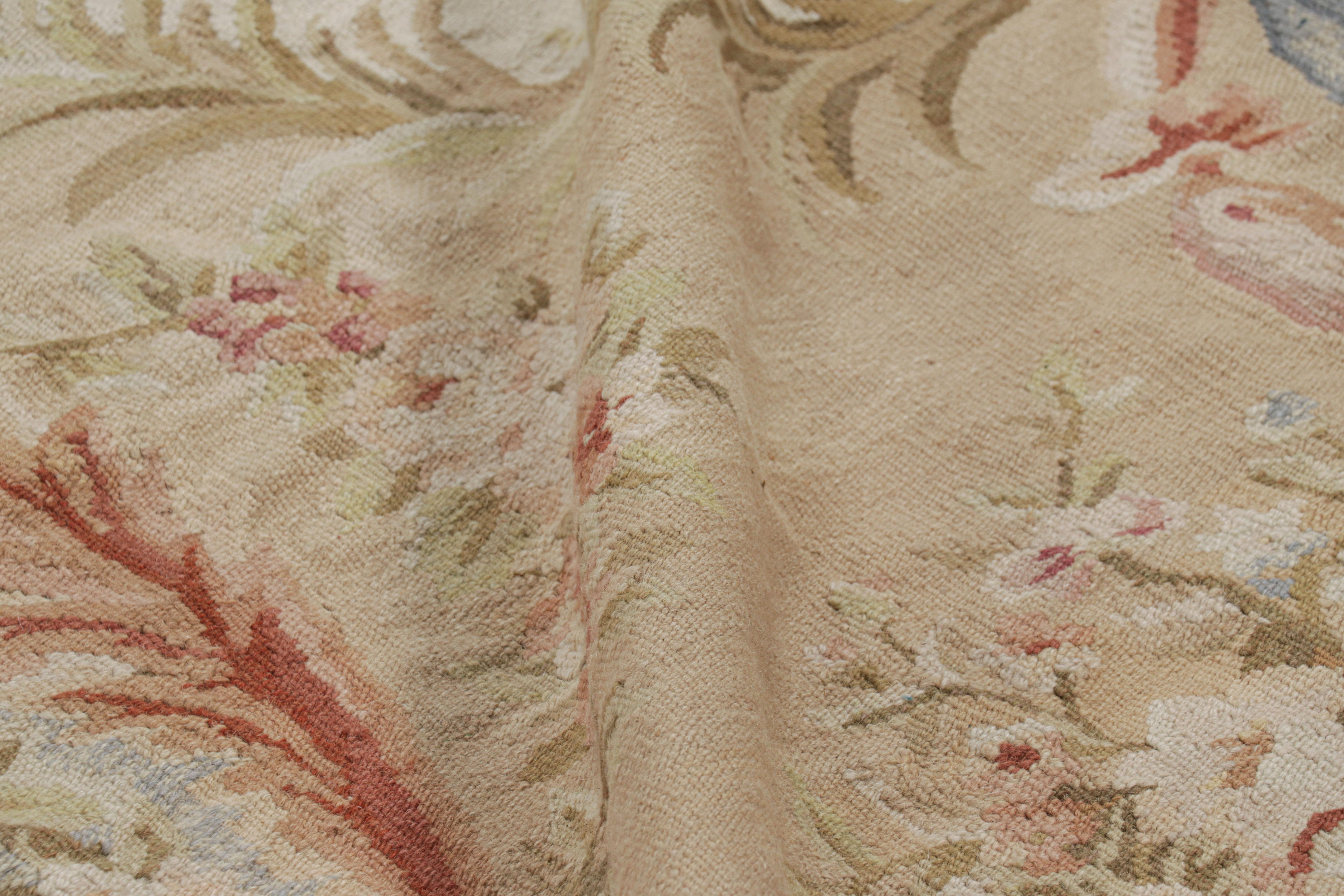 Modern Rug & Kilim’s Aubusson Style Rug in Beige with Green and Pink Floral Medallion For Sale