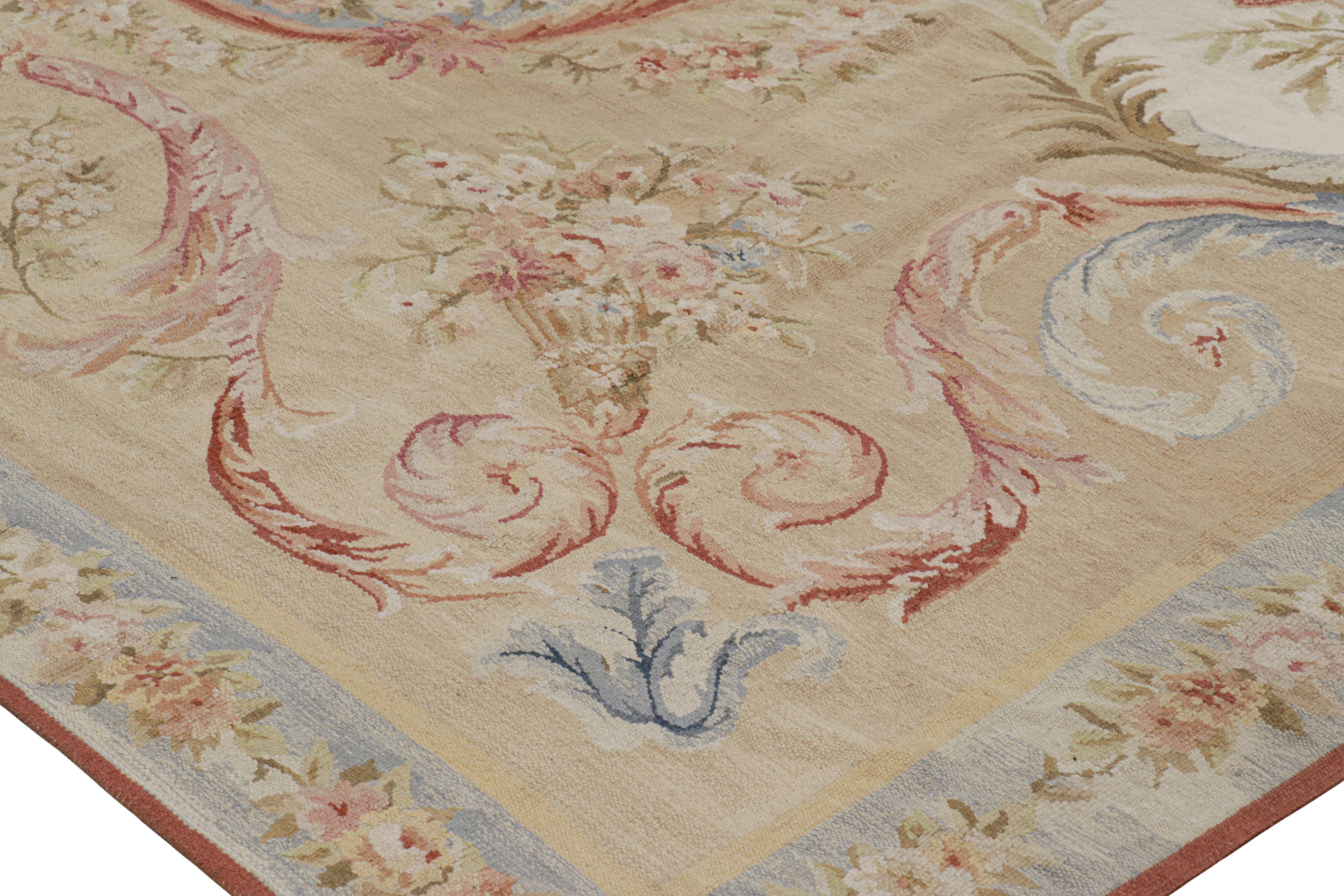 Chinese Rug & Kilim’s Aubusson Style Rug in Beige with Green and Pink Floral Medallion For Sale