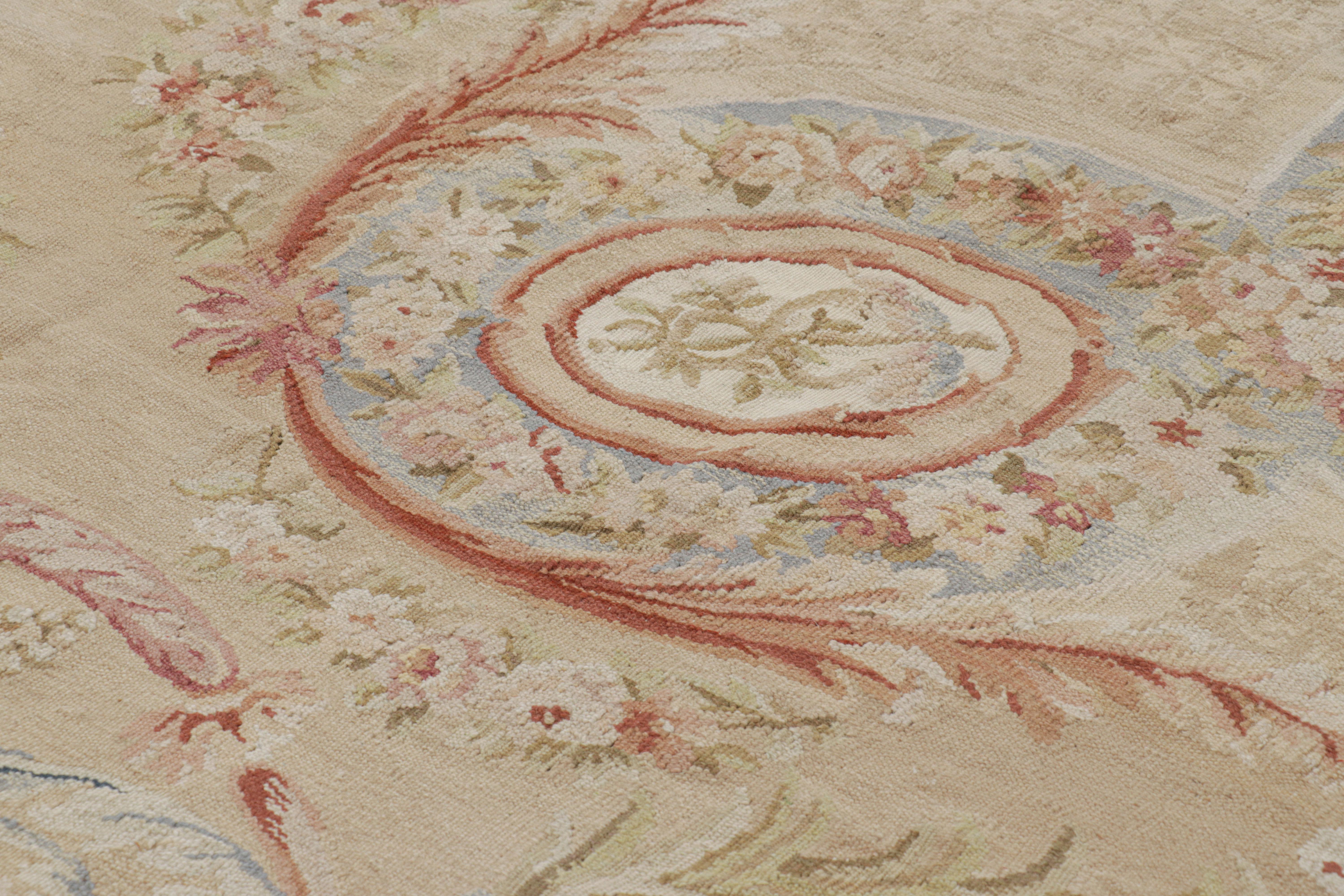 Hand-Woven Rug & Kilim’s Aubusson Style Rug in Beige with Green and Pink Floral Medallion For Sale