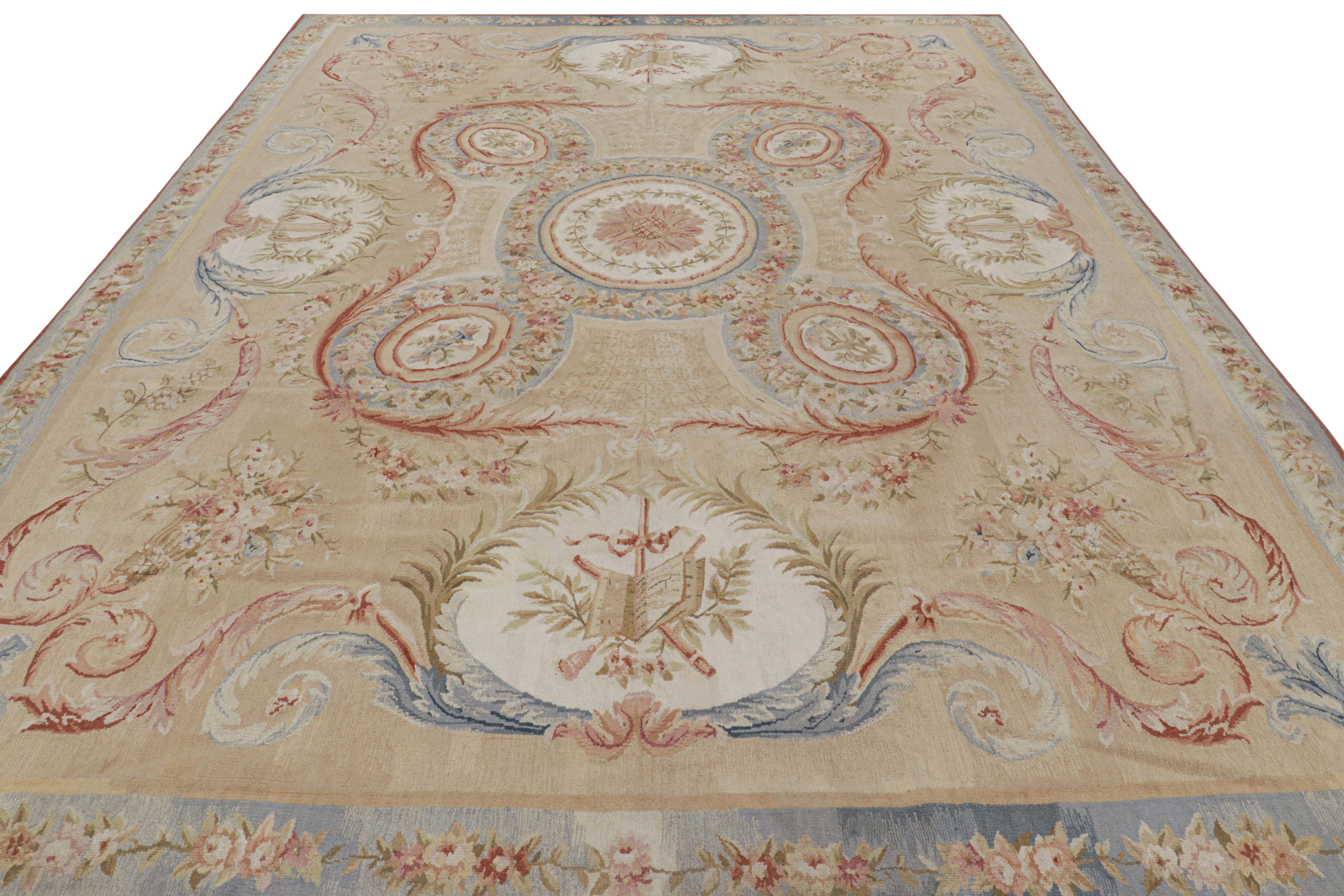 Rug & Kilim’s Aubusson Style Rug in Beige with Green and Pink Floral Medallion In New Condition For Sale In Long Island City, NY