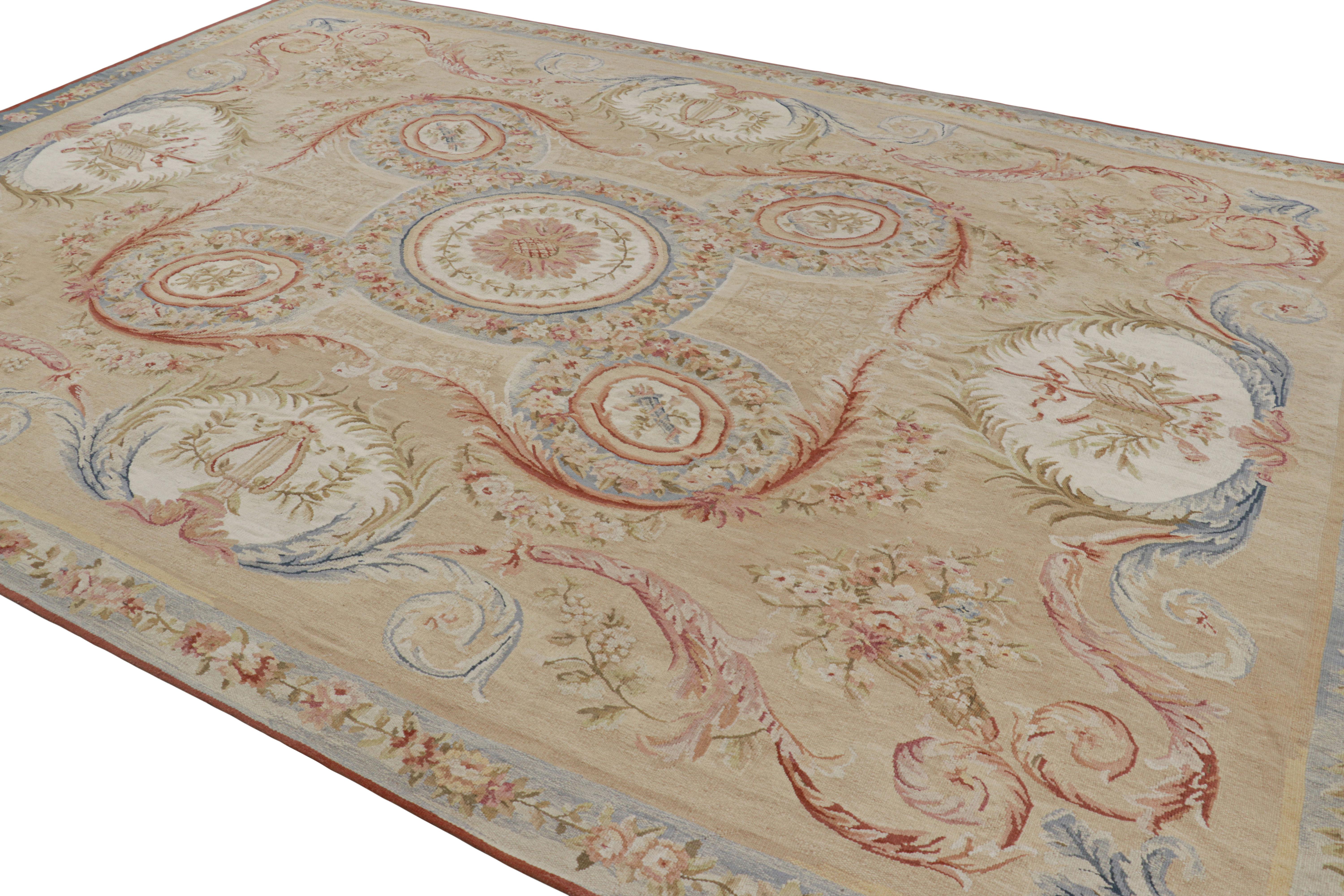 Contemporary Rug & Kilim’s Aubusson Style Rug in Beige with Green and Pink Floral Medallion For Sale