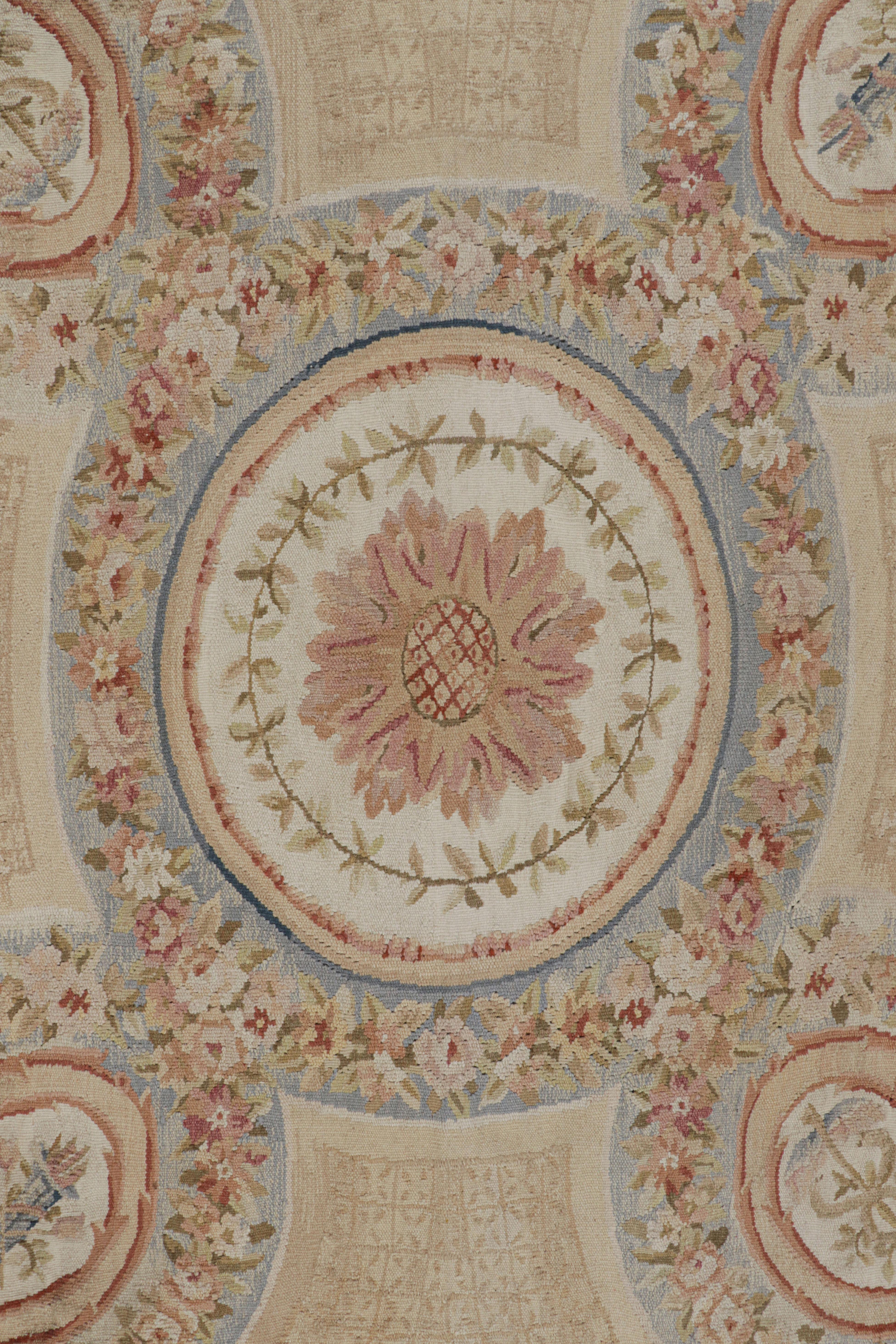 Wool Rug & Kilim’s Aubusson Style Rug in Beige with Green and Pink Floral Medallion For Sale