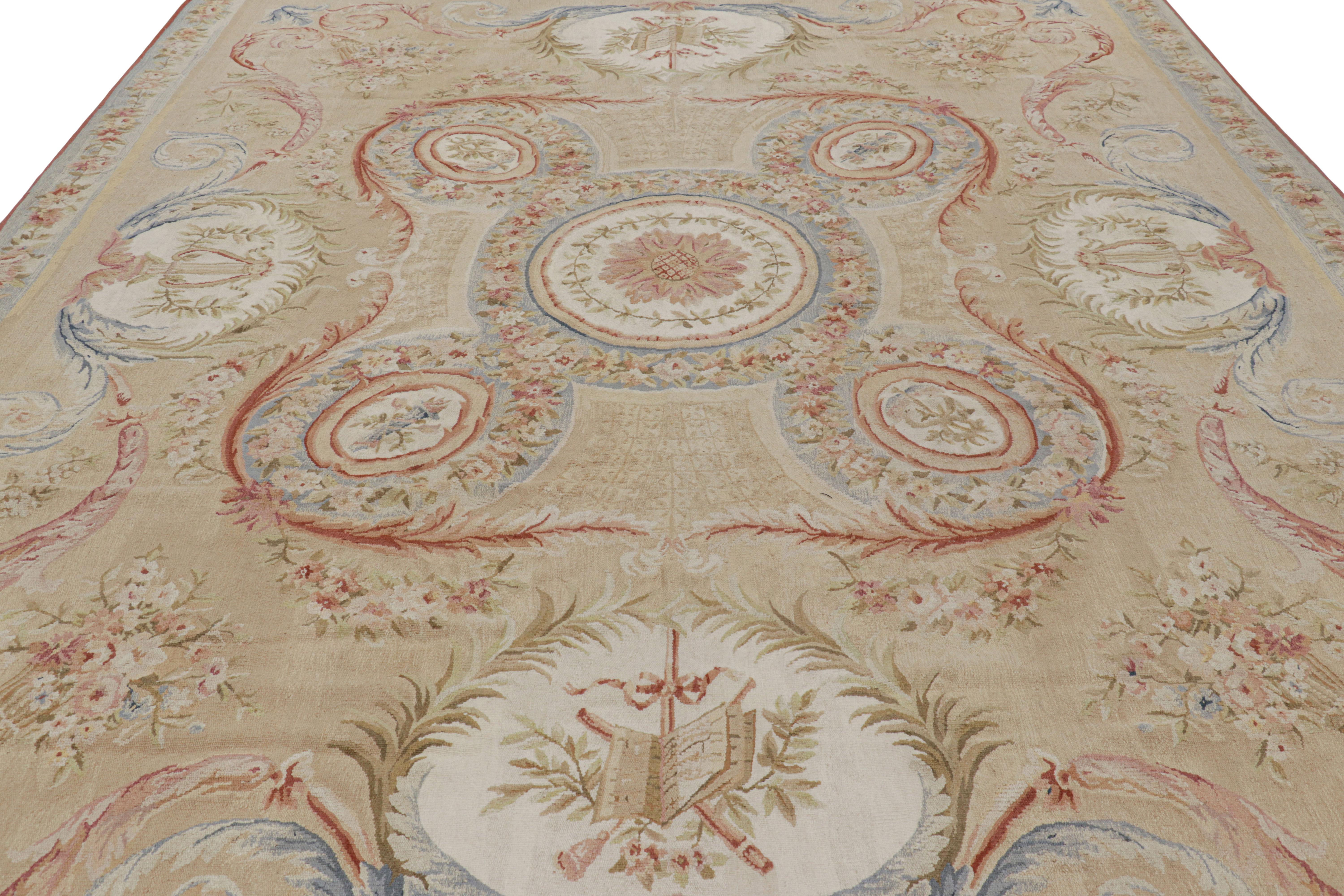Rug & Kilim’s Aubusson Style Rug in Beige with Green and Pink Floral Medallion For Sale 1