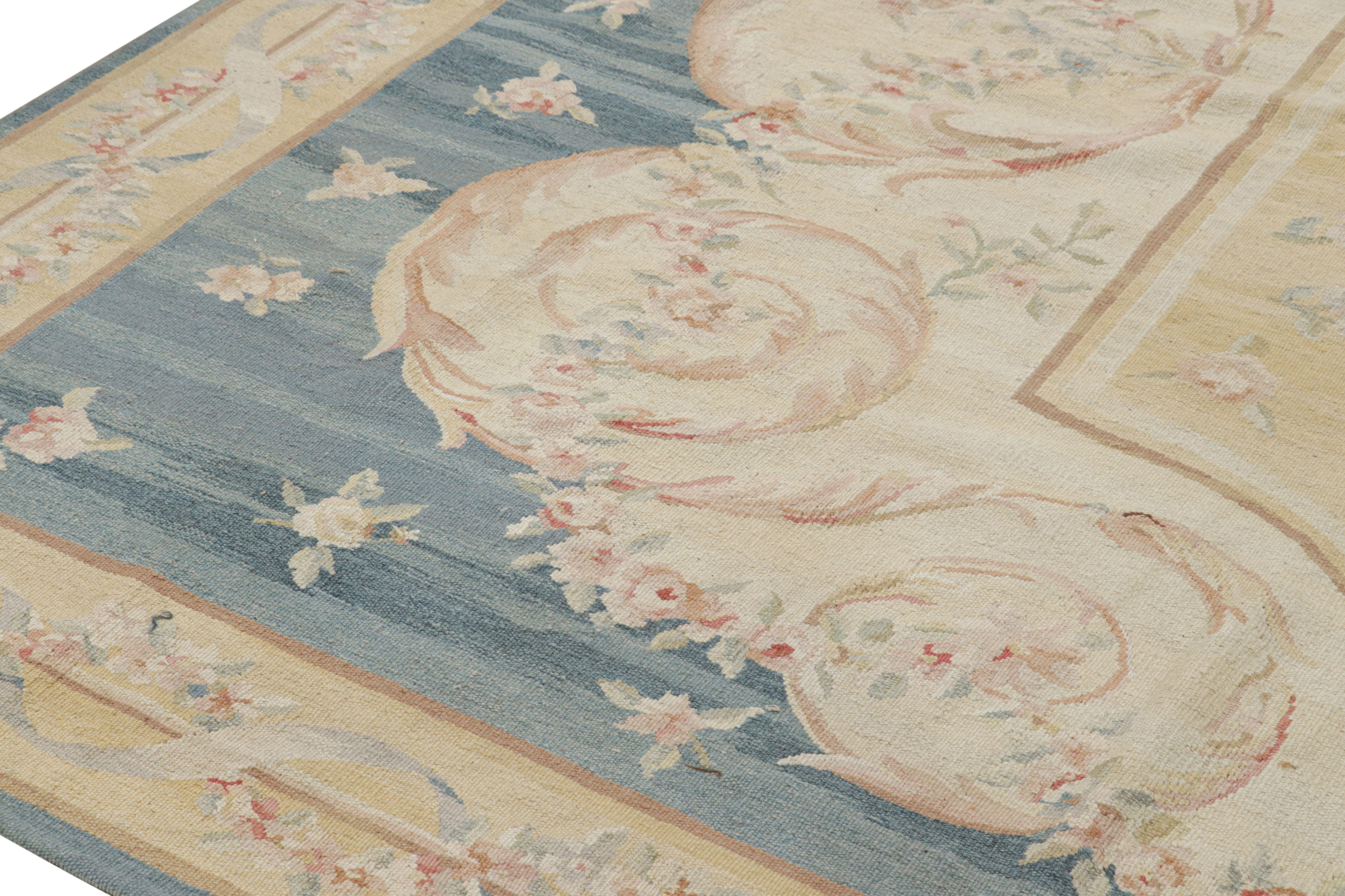 Chinese Rug & Kilim’s Aubusson Style Rug in Blue and Cream with Floral Medallion For Sale