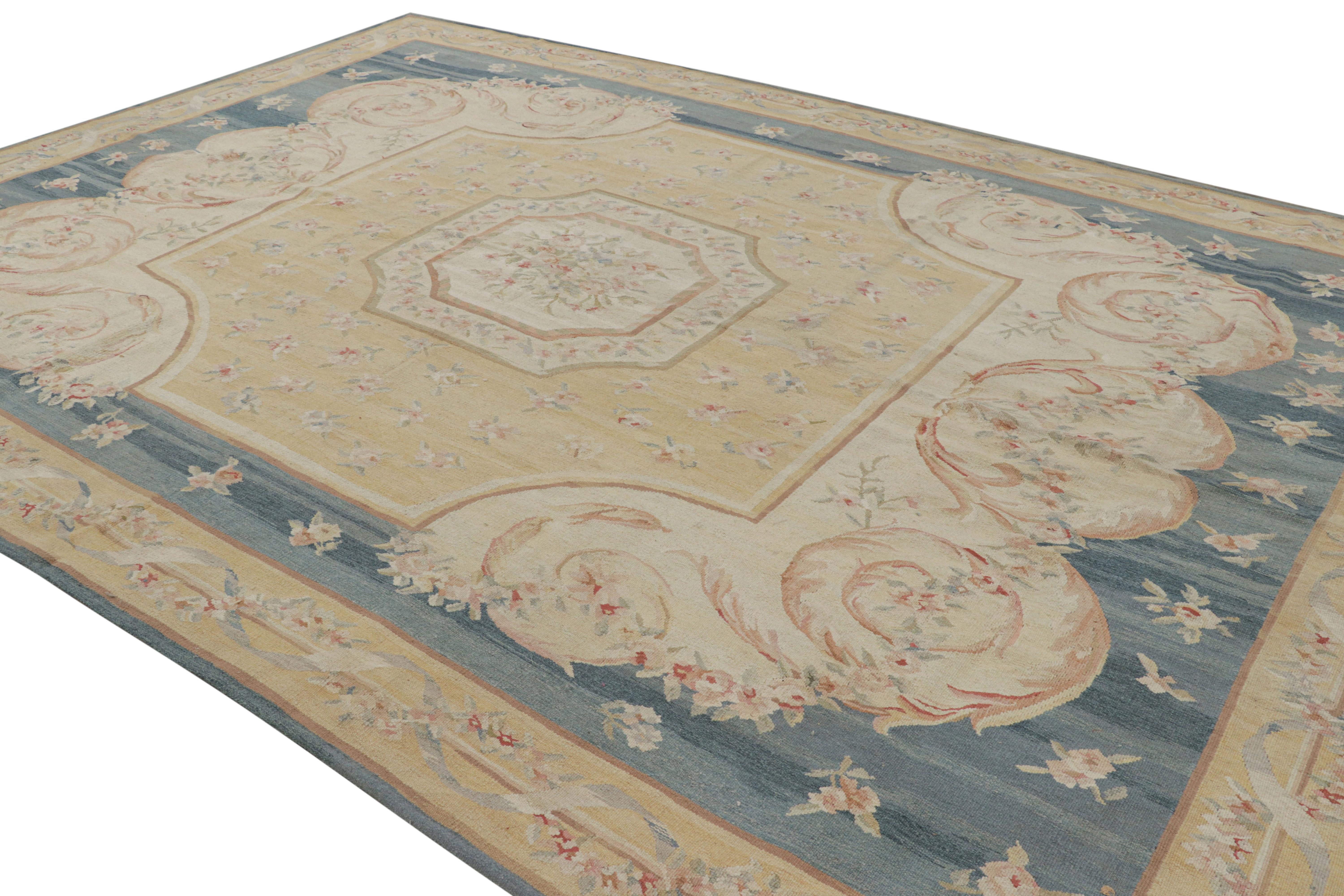 Hand-Woven Rug & Kilim’s Aubusson Style Rug in Blue and Cream with Floral Medallion For Sale