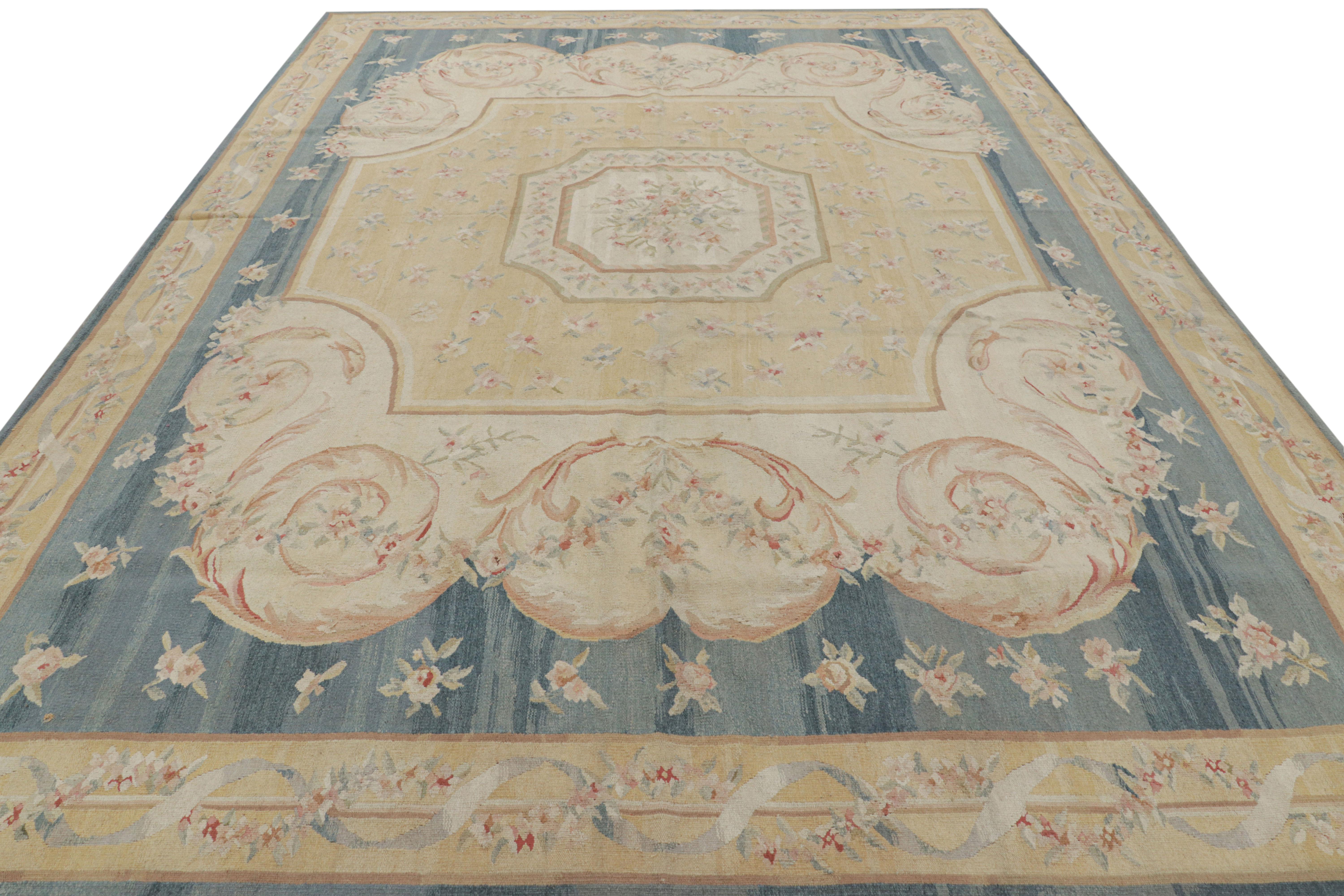 Rug & Kilim’s Aubusson Style Rug in Blue and Cream with Floral Medallion In New Condition For Sale In Long Island City, NY
