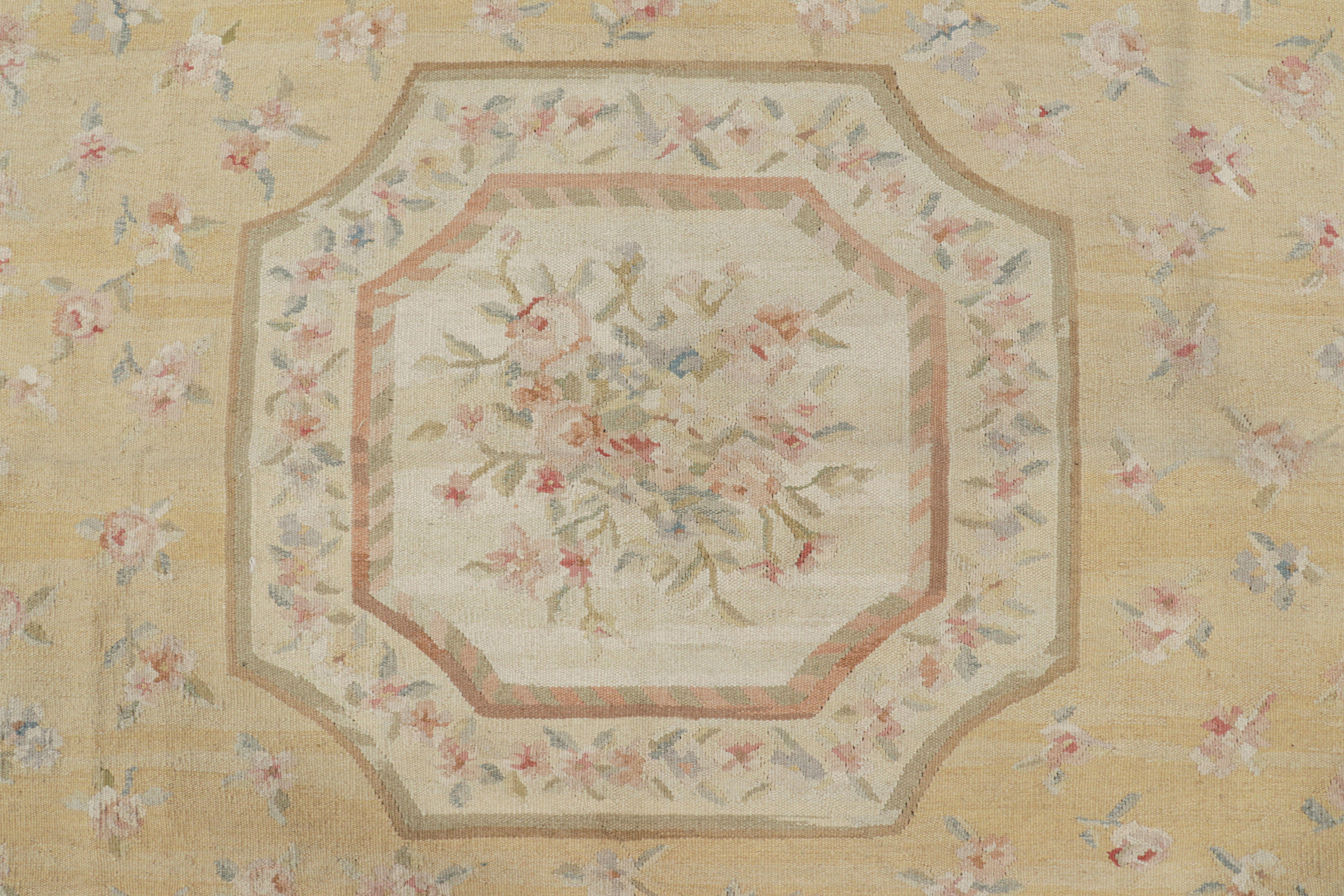 Contemporary Rug & Kilim’s Aubusson Style Rug in Blue and Cream with Floral Medallion For Sale