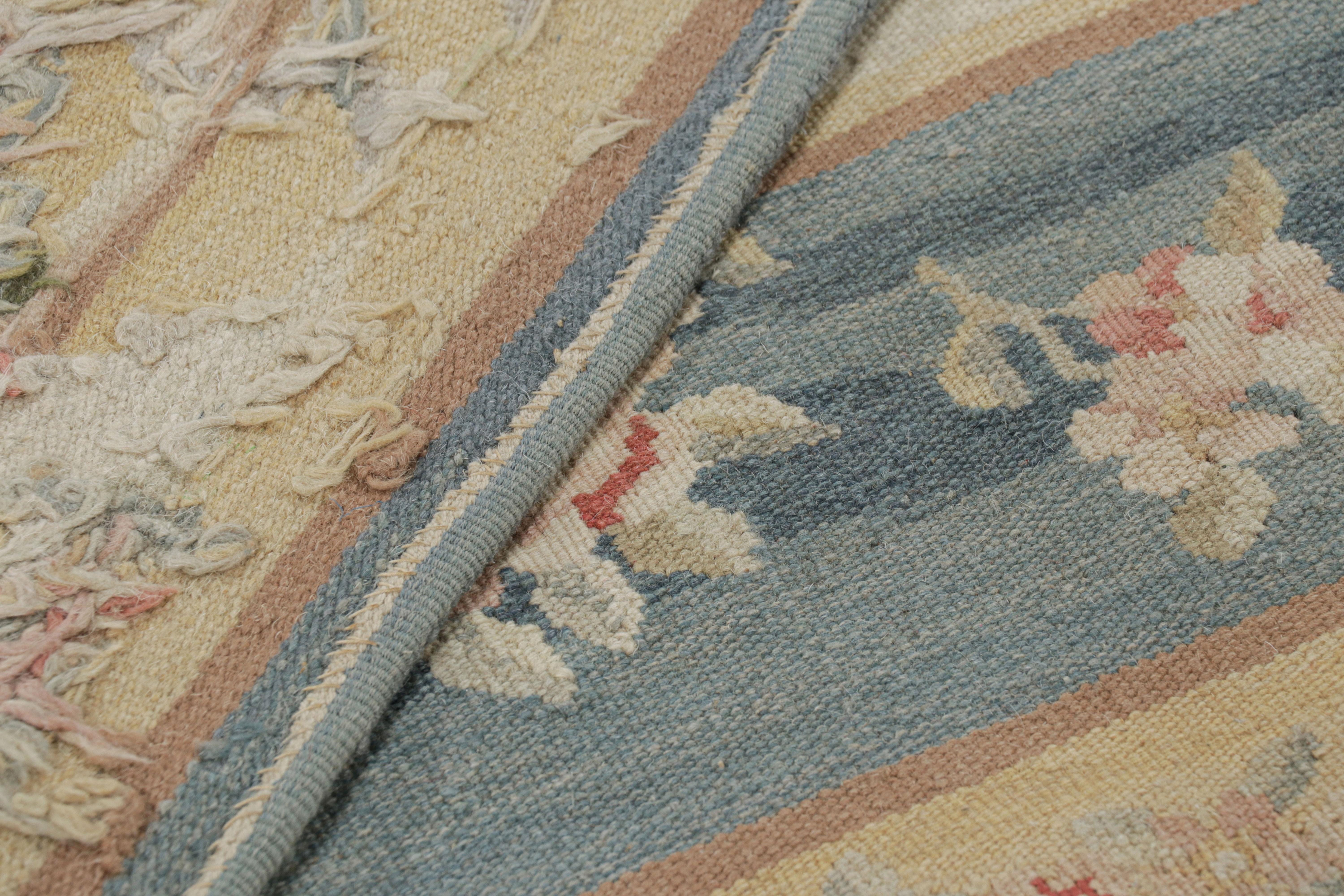 Wool Rug & Kilim’s Aubusson Style Rug in Blue and Cream with Floral Medallion For Sale