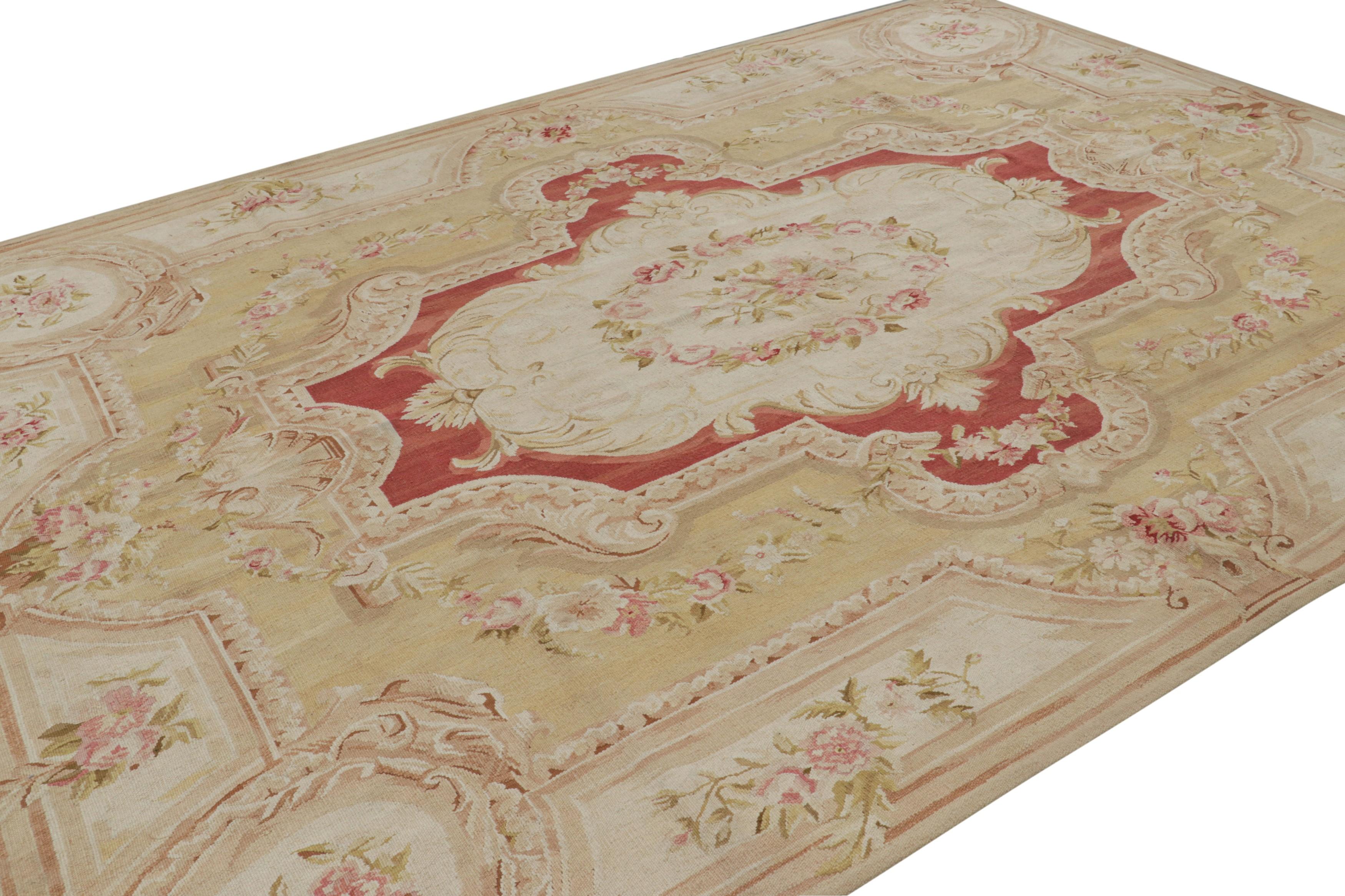 Tissé à la main Tapis de style Aubusson de Rug & Kilim en crème et vert avec médaillon floral rouge en vente
