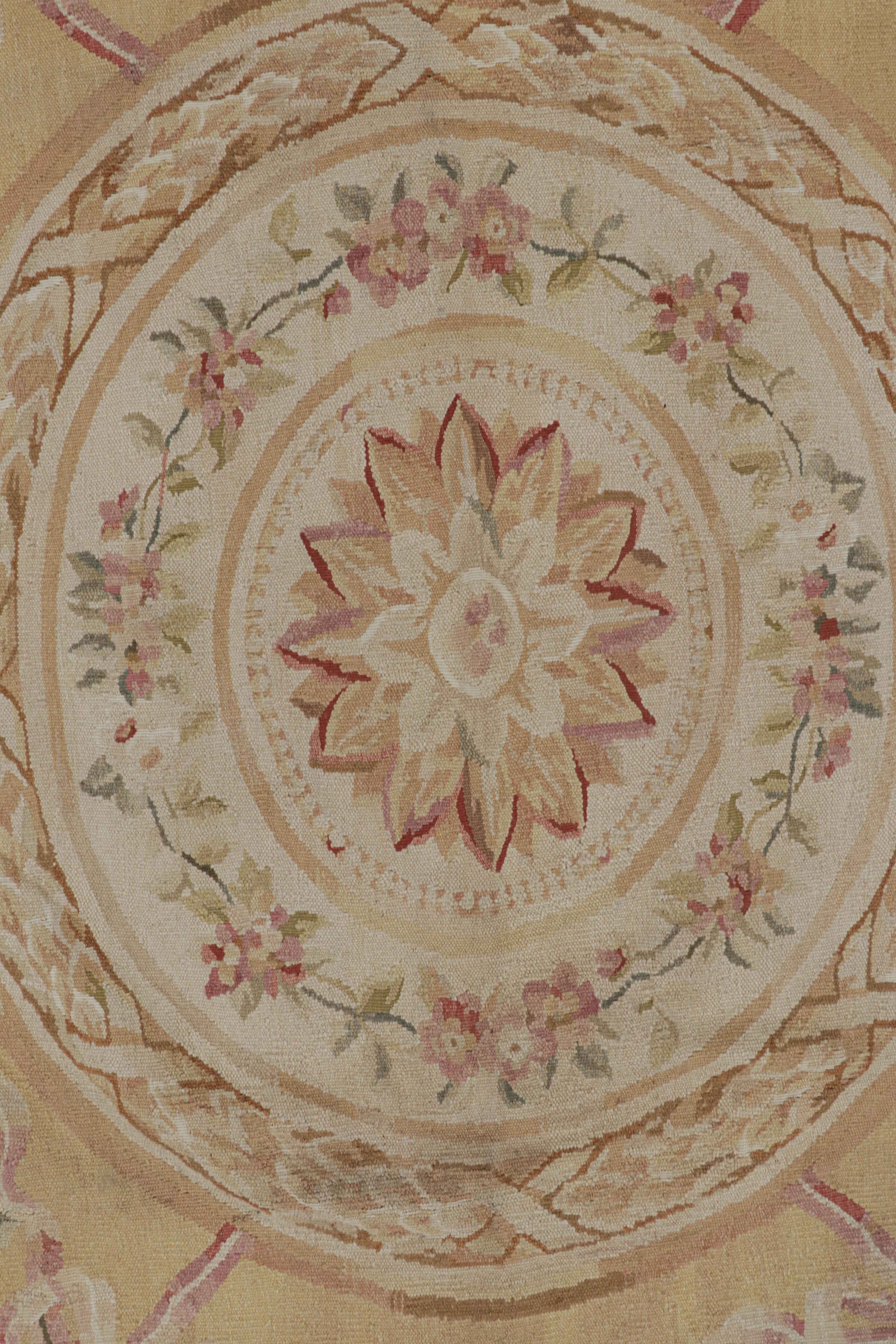 Chinese Rug & Kilim’s Aubusson Style Rug in Gold and Beige with Floral Medallion For Sale