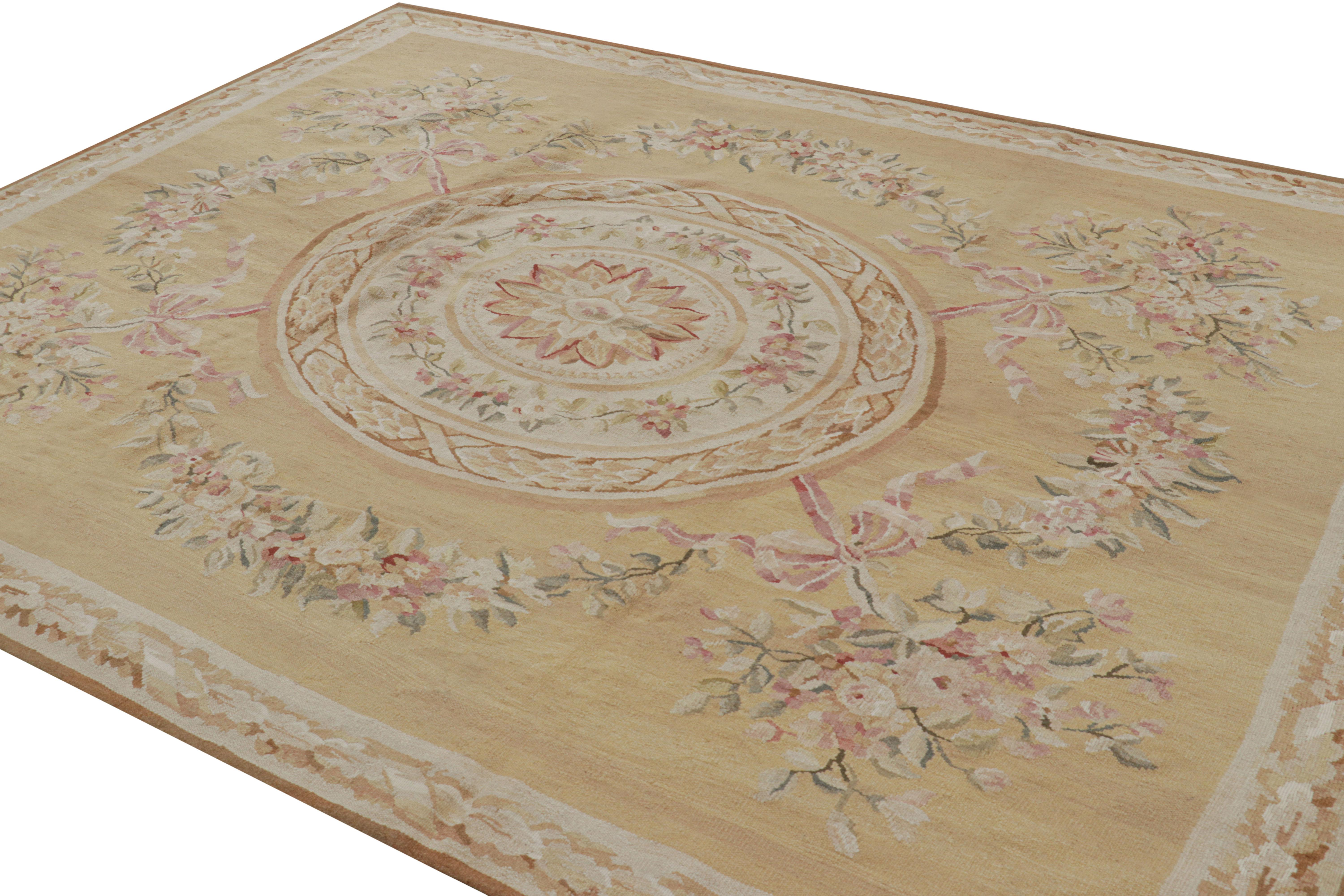 Hand-Woven Rug & Kilim’s Aubusson Style Rug in Gold and Beige with Floral Medallion For Sale