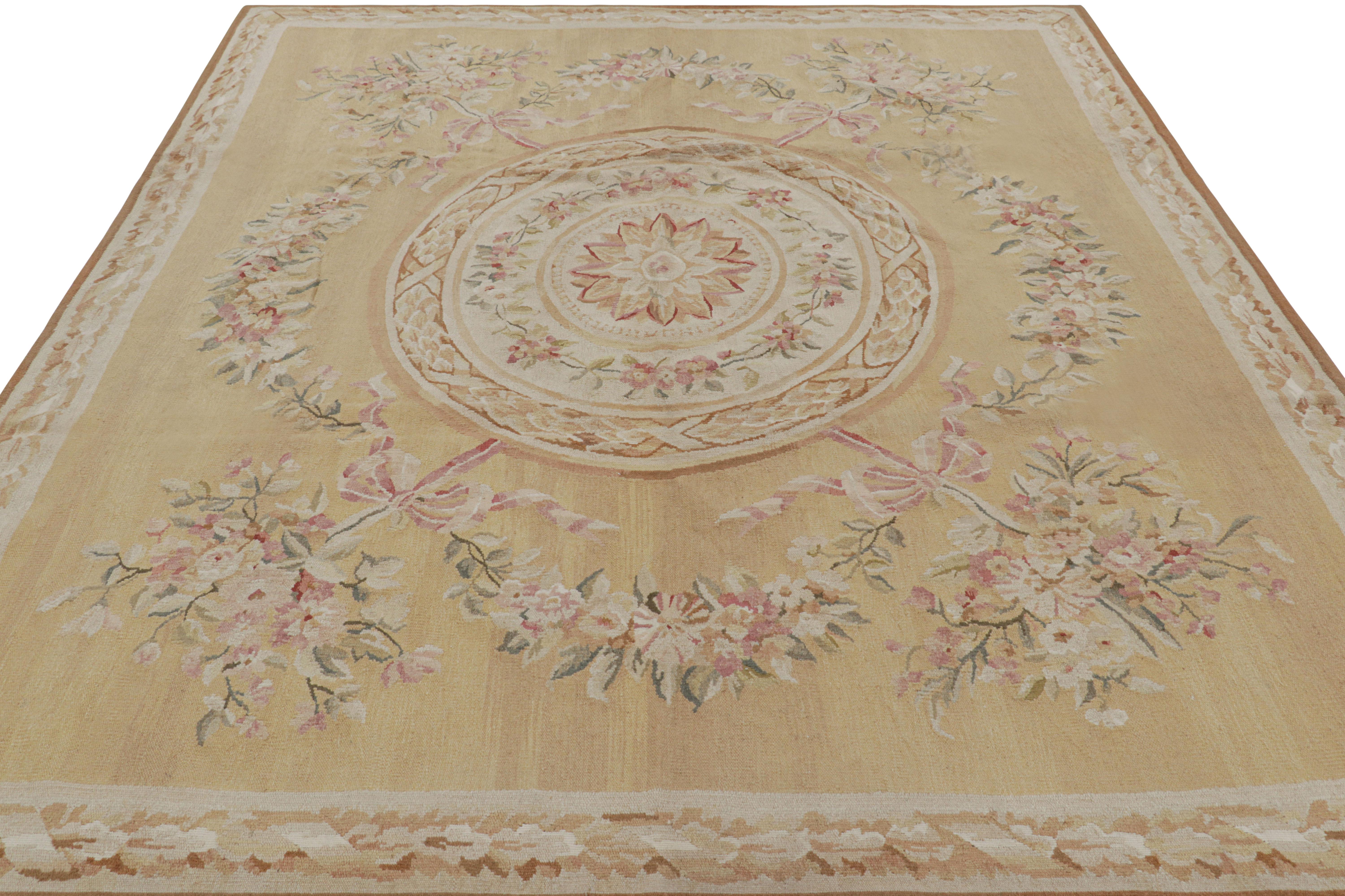 Rug & Kilim’s Aubusson Style Rug in Gold and Beige with Floral Medallion In New Condition For Sale In Long Island City, NY