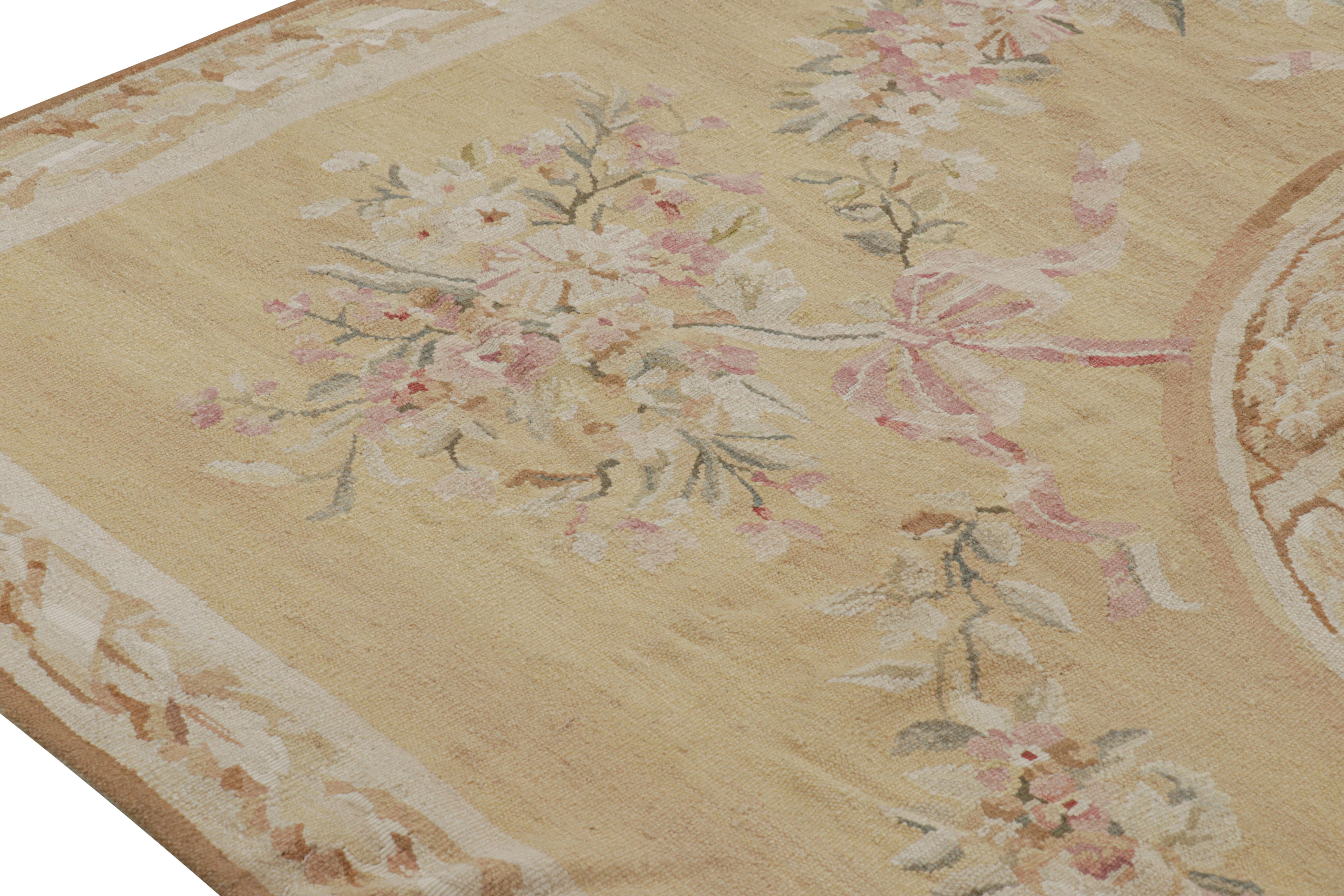 Contemporary Rug & Kilim’s Aubusson Style Rug in Gold and Beige with Floral Medallion For Sale