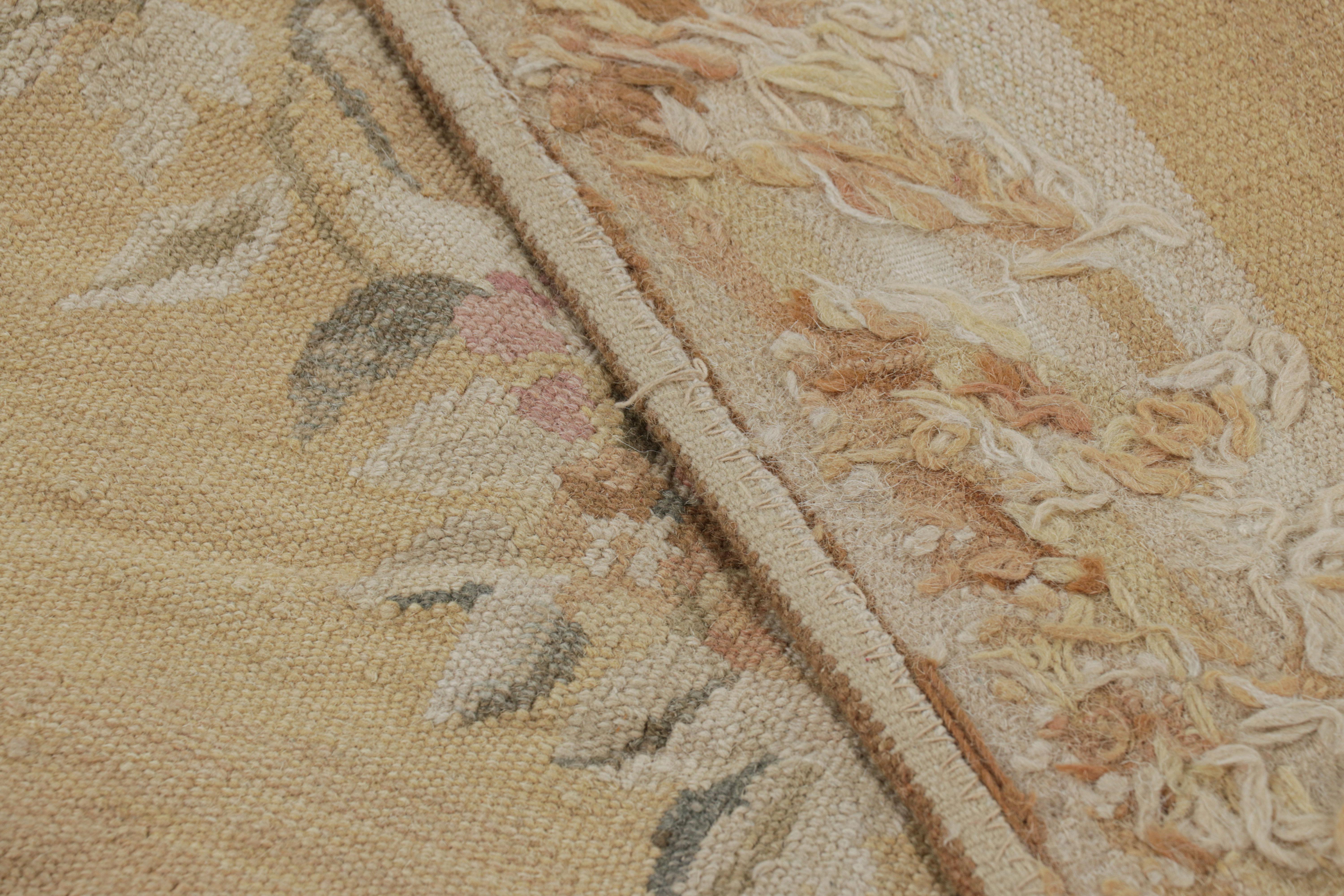 Wool Rug & Kilim’s Aubusson Style Rug in Gold and Beige with Floral Medallion For Sale