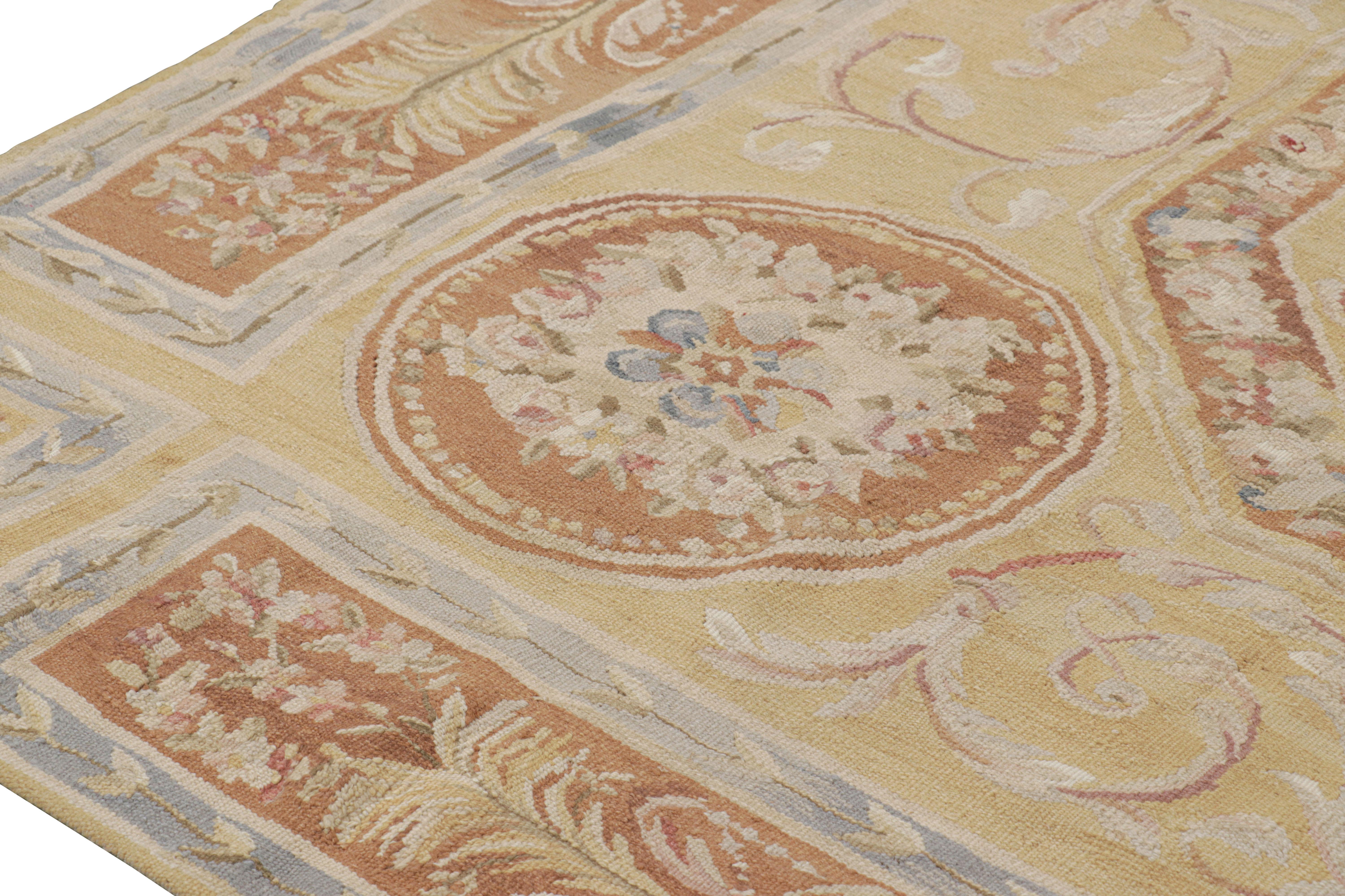 Chinese Rug & Kilim's Aubusson Style Rug in Gold & Beige with Floral Medallion For Sale