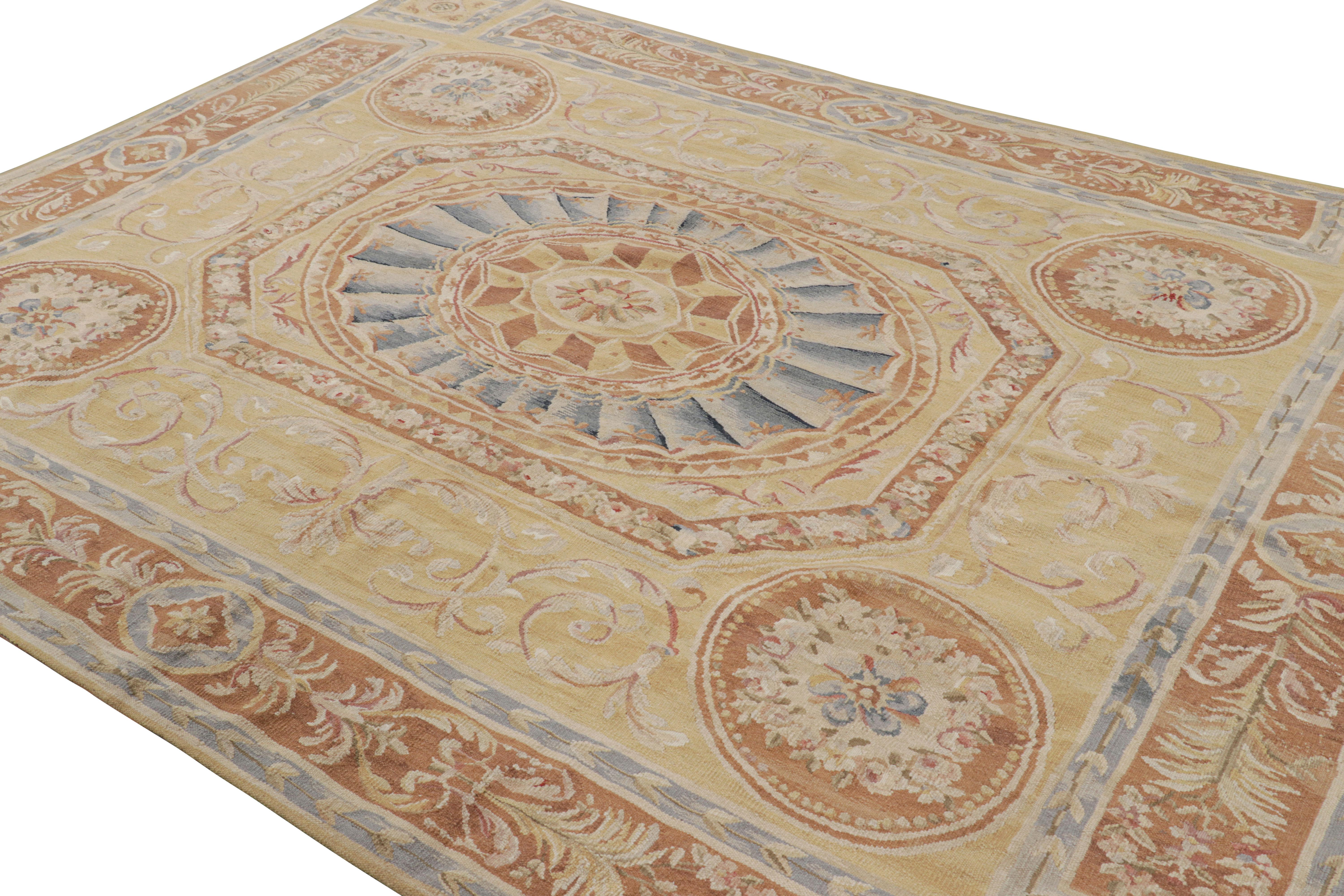 Hand-Woven Rug & Kilim's Aubusson Style Rug in Gold & Beige with Floral Medallion For Sale