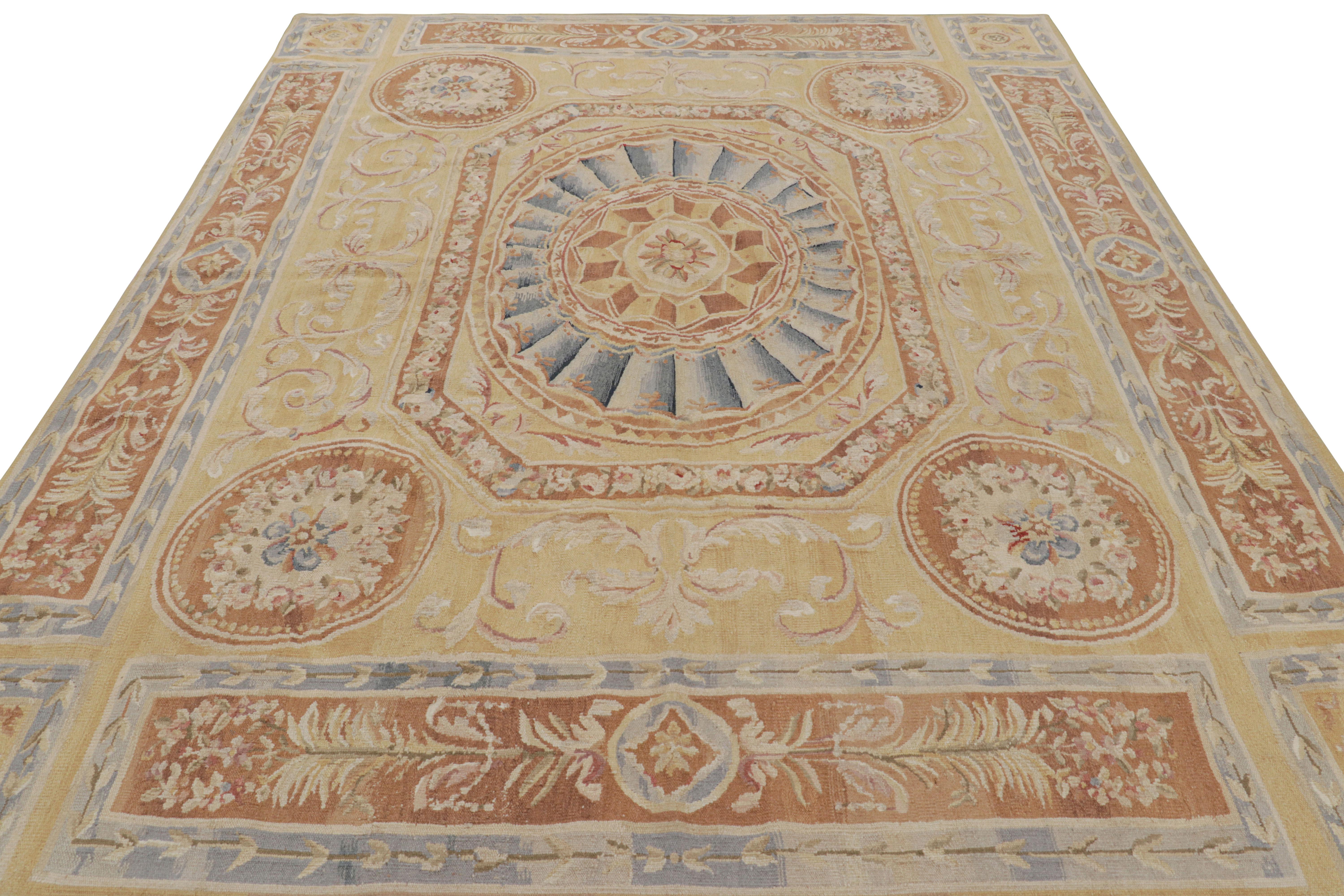 Rug & Kilim's Aubusson Style Rug in Gold & Beige with Floral Medallion In New Condition For Sale In Long Island City, NY