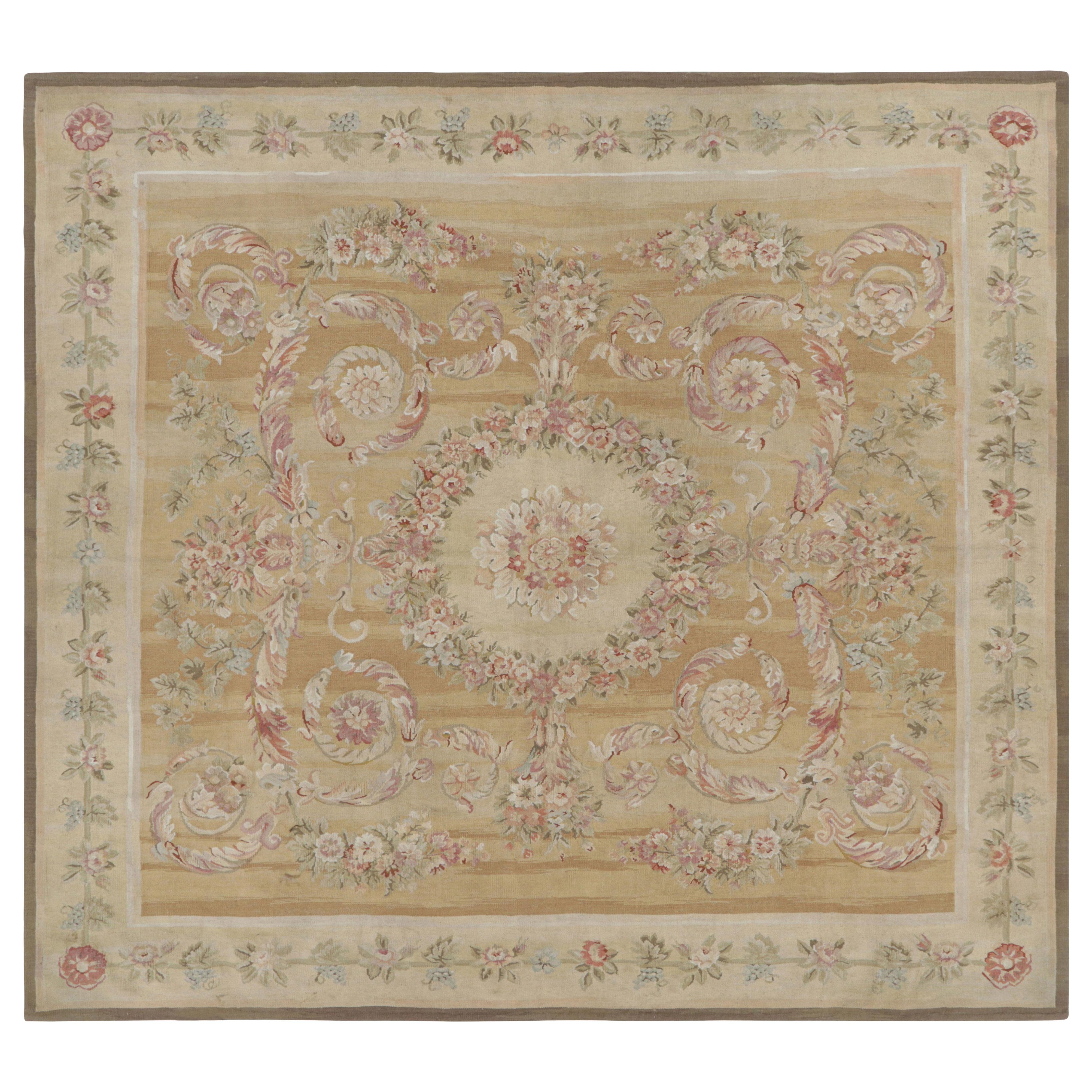 Rug & Kilim’s Aubusson Style Rug in Light Gold and Cream with Floral Medallion