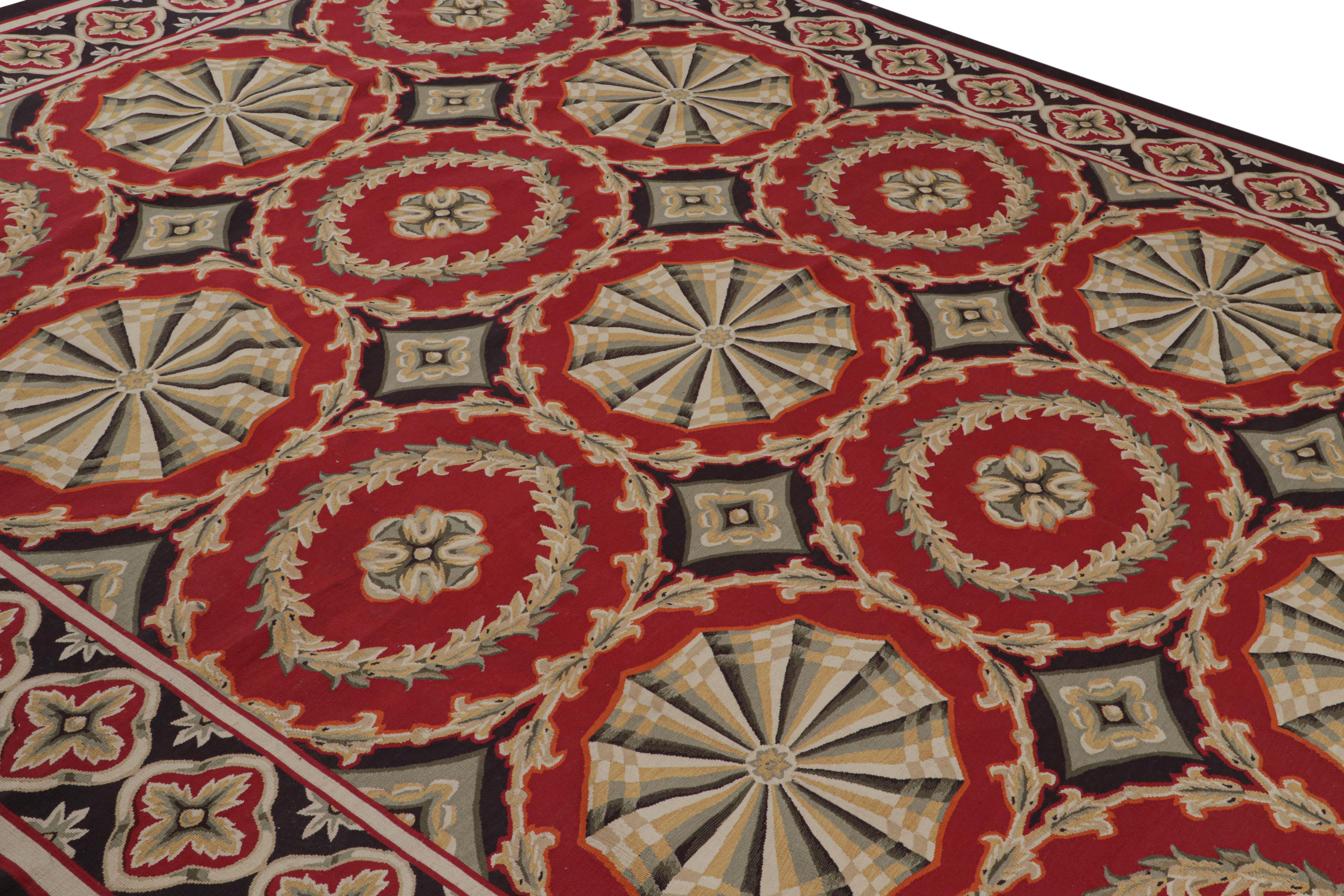 Dieser 9x11 große, handgewebte Wollteppich ist eine Neuheit aus der europäischen Teppichkollektion von Rug & Kilim - eine der ersten Arbeiten des Unternehmens, inspiriert von antiken Aubusson-Teppichen und Wandteppichen. 

Über das Design: