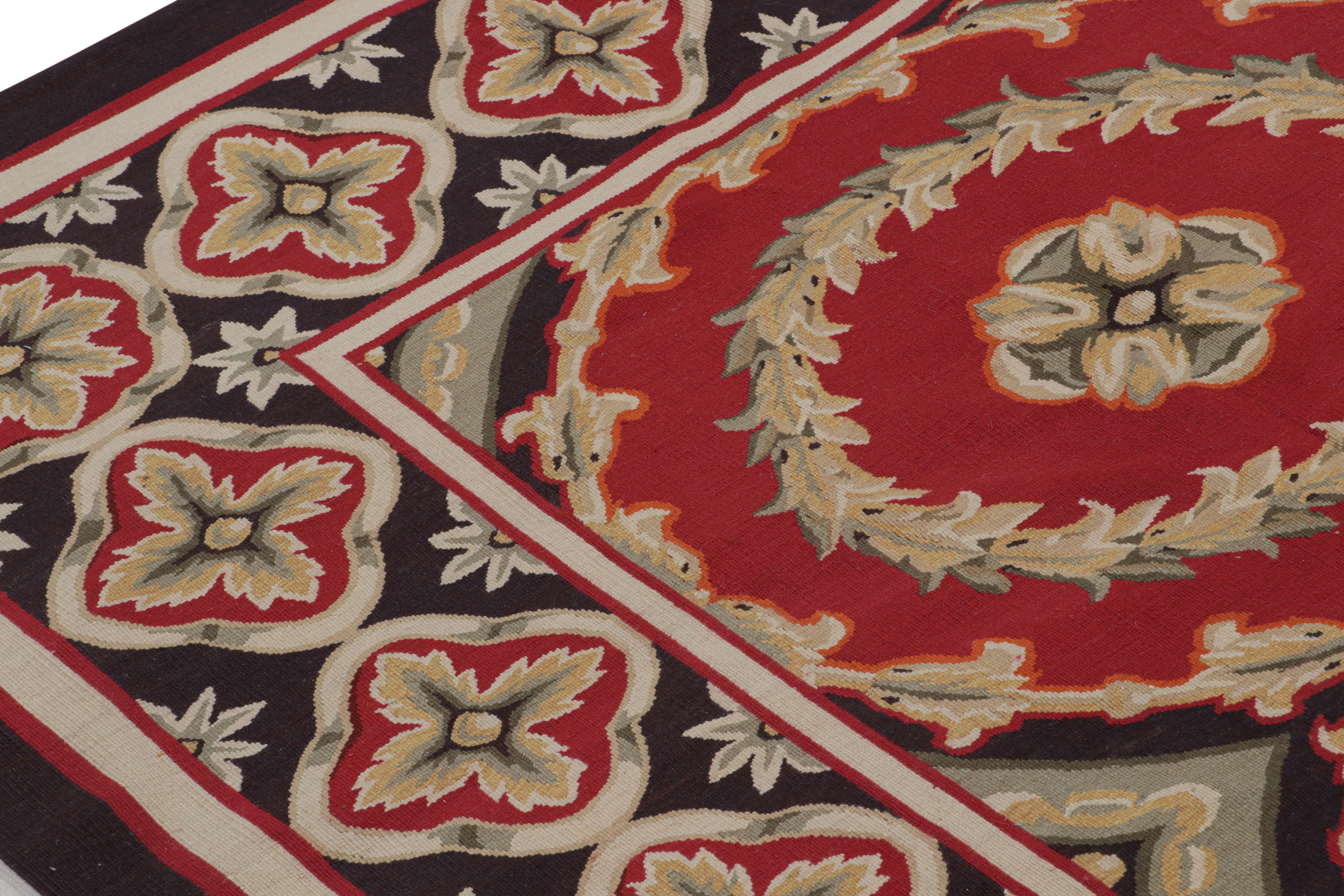 Chinese Rug & Kilim’s Aubusson Style Rug with Red and Gray Floral Medallions For Sale