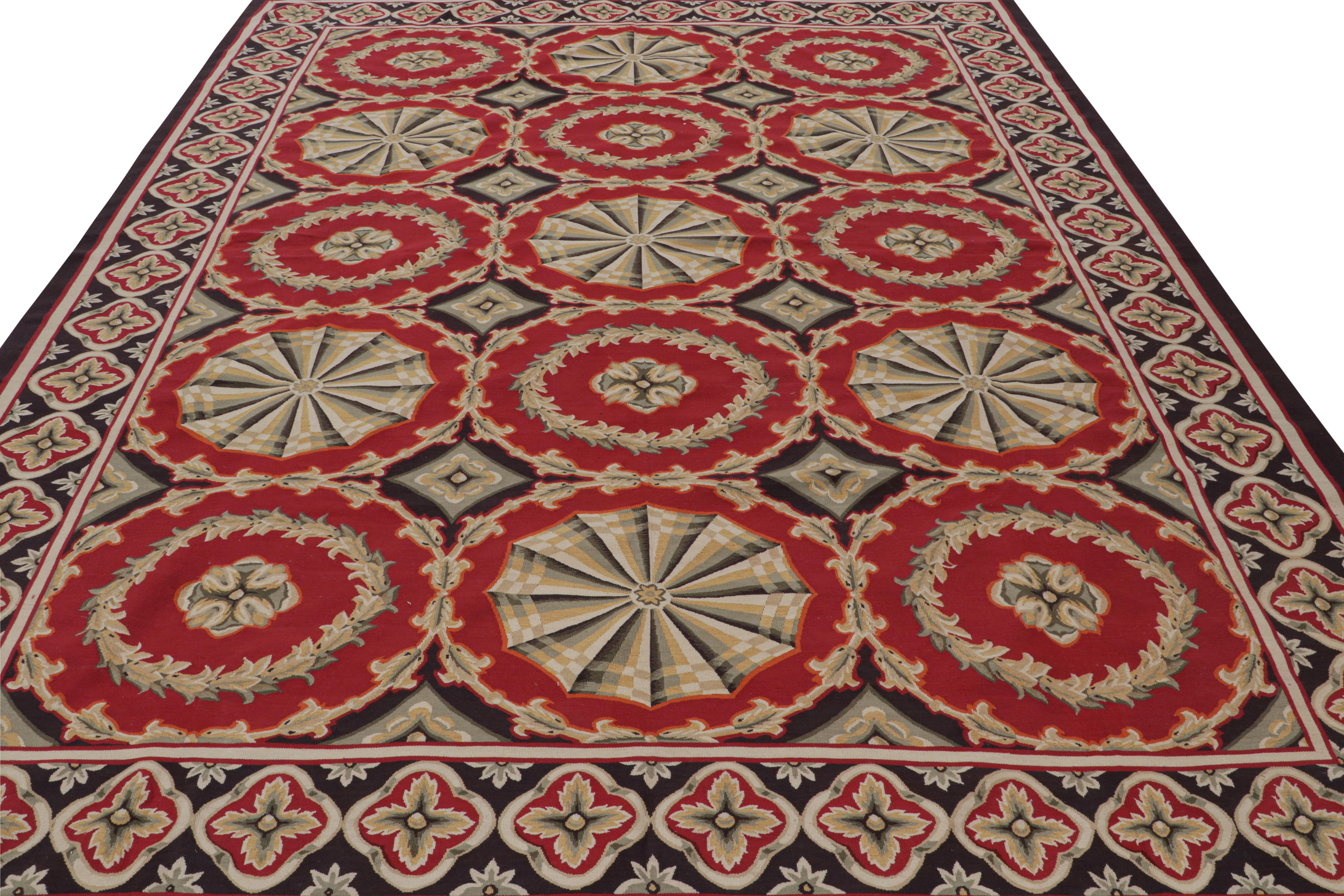 Rug & Kilim’s Aubusson Style Rug with Red and Gray Floral Medallions In New Condition For Sale In Long Island City, NY