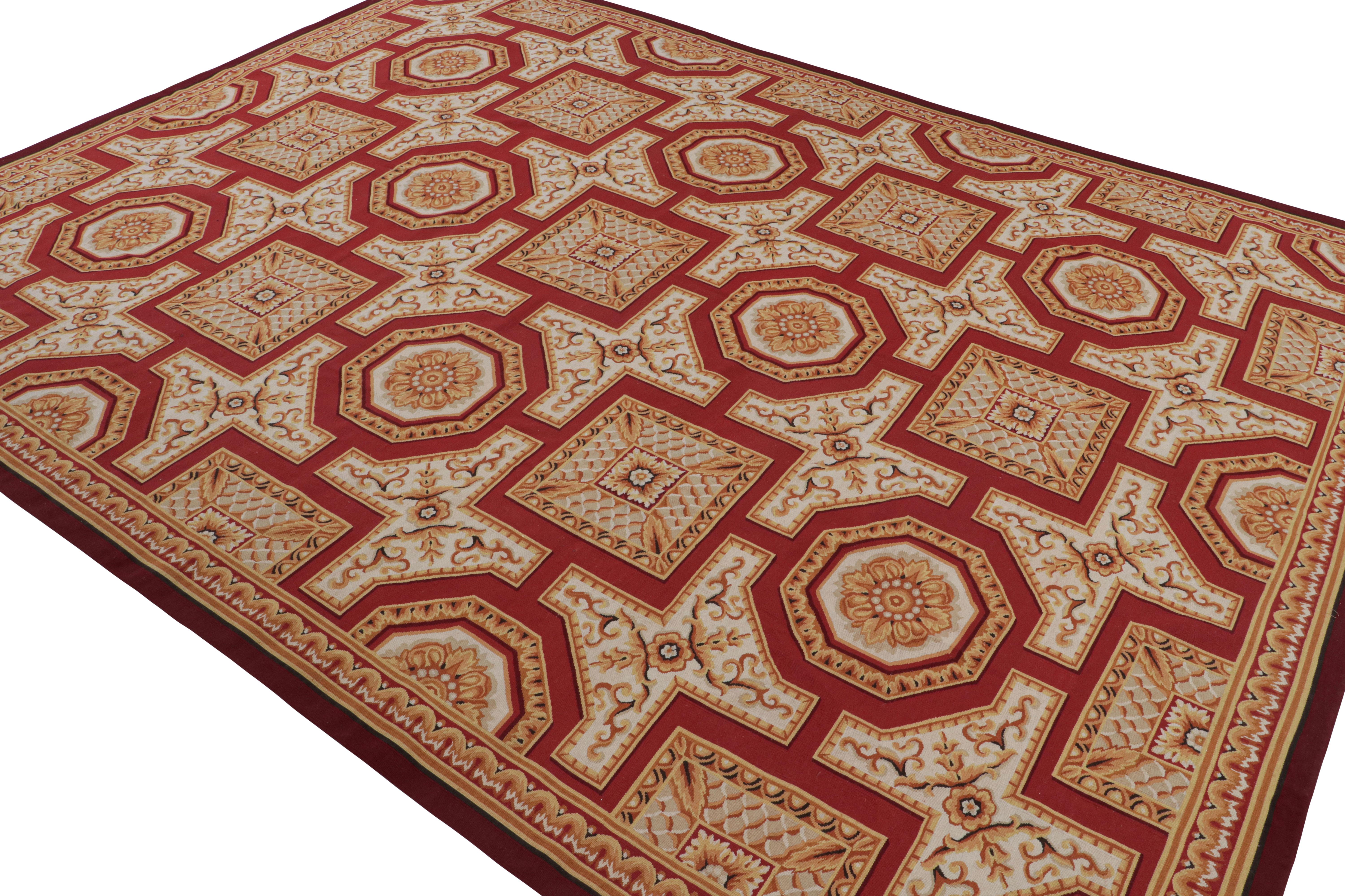 Hand-Woven Rug & Kilim’s Aubusson Style Rug with Red with Gold Floral Medallions For Sale
