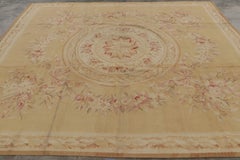 Rug & Kilim’s Aubusson Style Square Rug in Gold and Beige with Floral Medallion