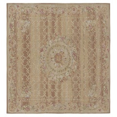 Rug & Kilim’s Aubusson Style Square Rug in Gold and Beige with Floral Medallion