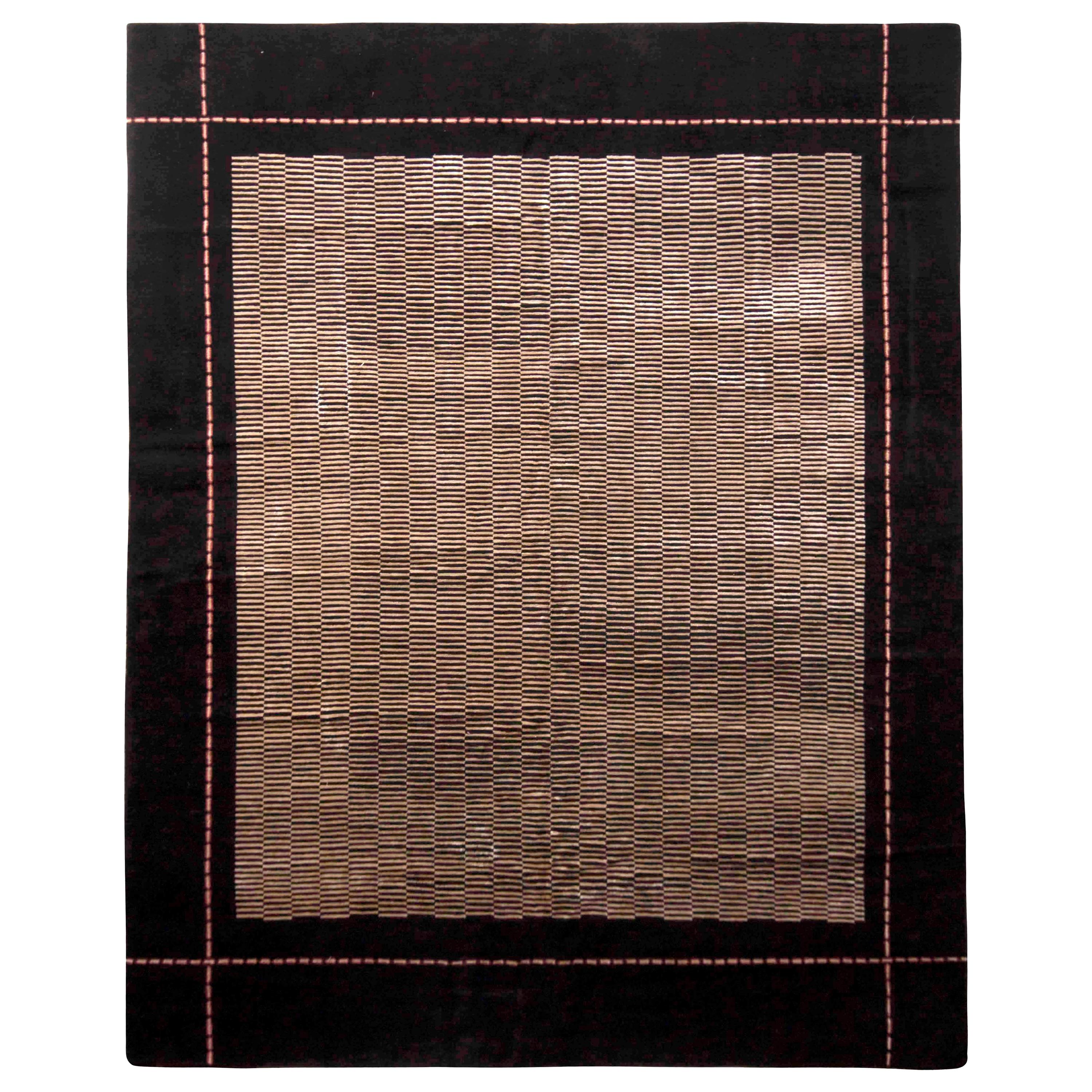 Rug & Kilim’s Austrian Art Deco Style Rug in Brown and Black Geometric Pattern For Sale