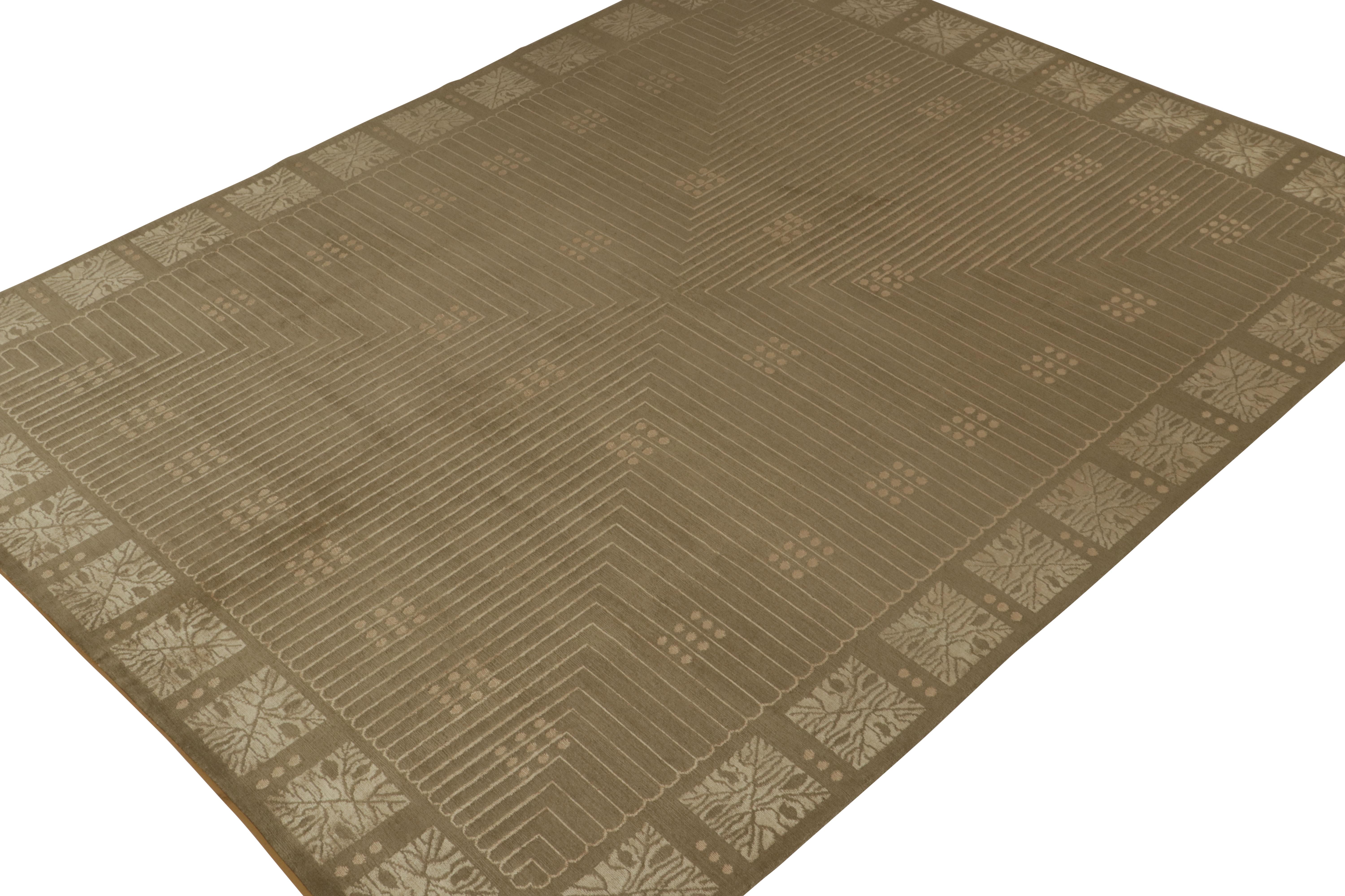 Nepalese Rug & Kilim’s Austrian Style Art Deco Rug in Brown with Beige Geometric Pattern For Sale