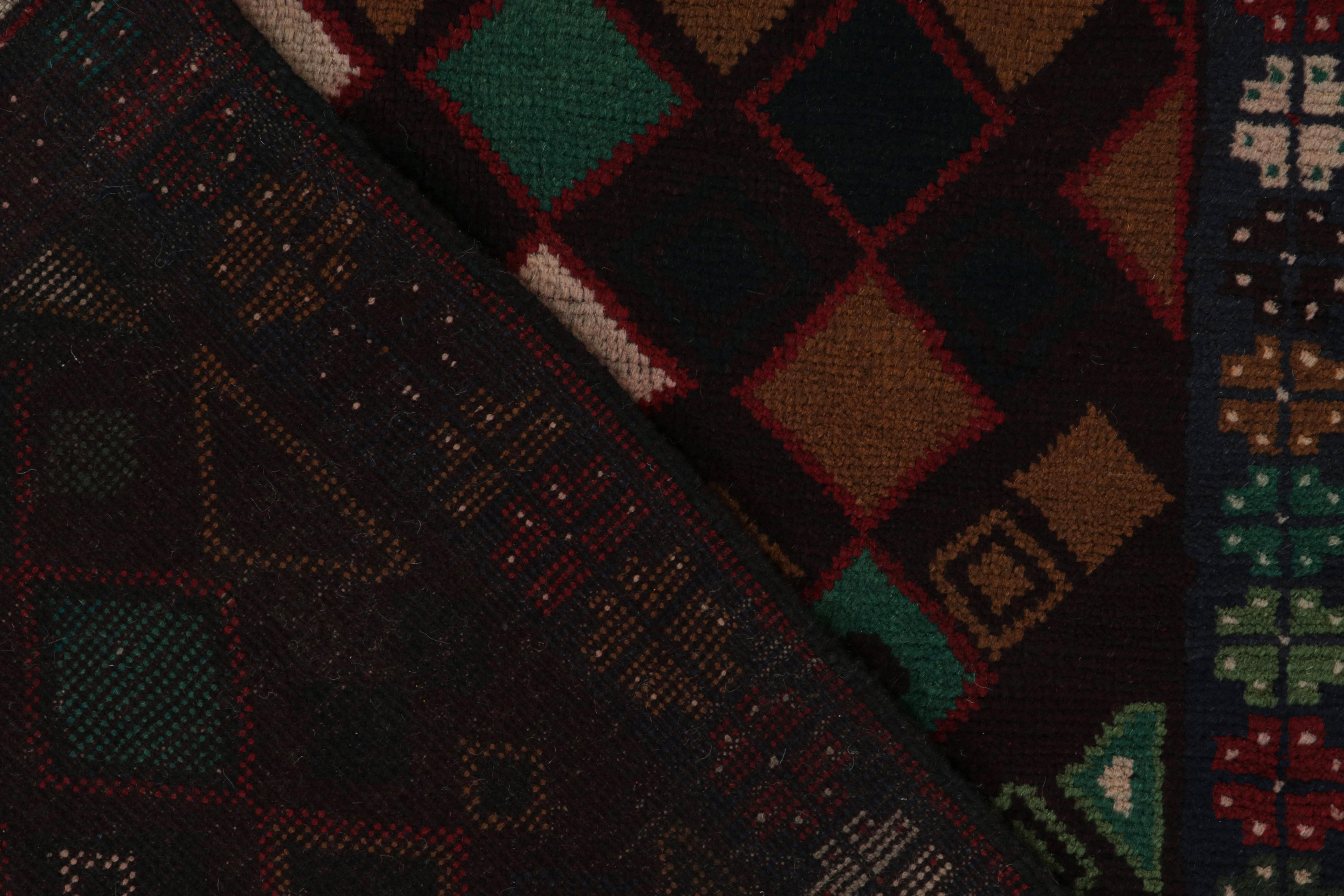 Wool Rug & Kilim’s Baluch Tribal Rug in Burgundy with Colorful Diamond Patterns For Sale