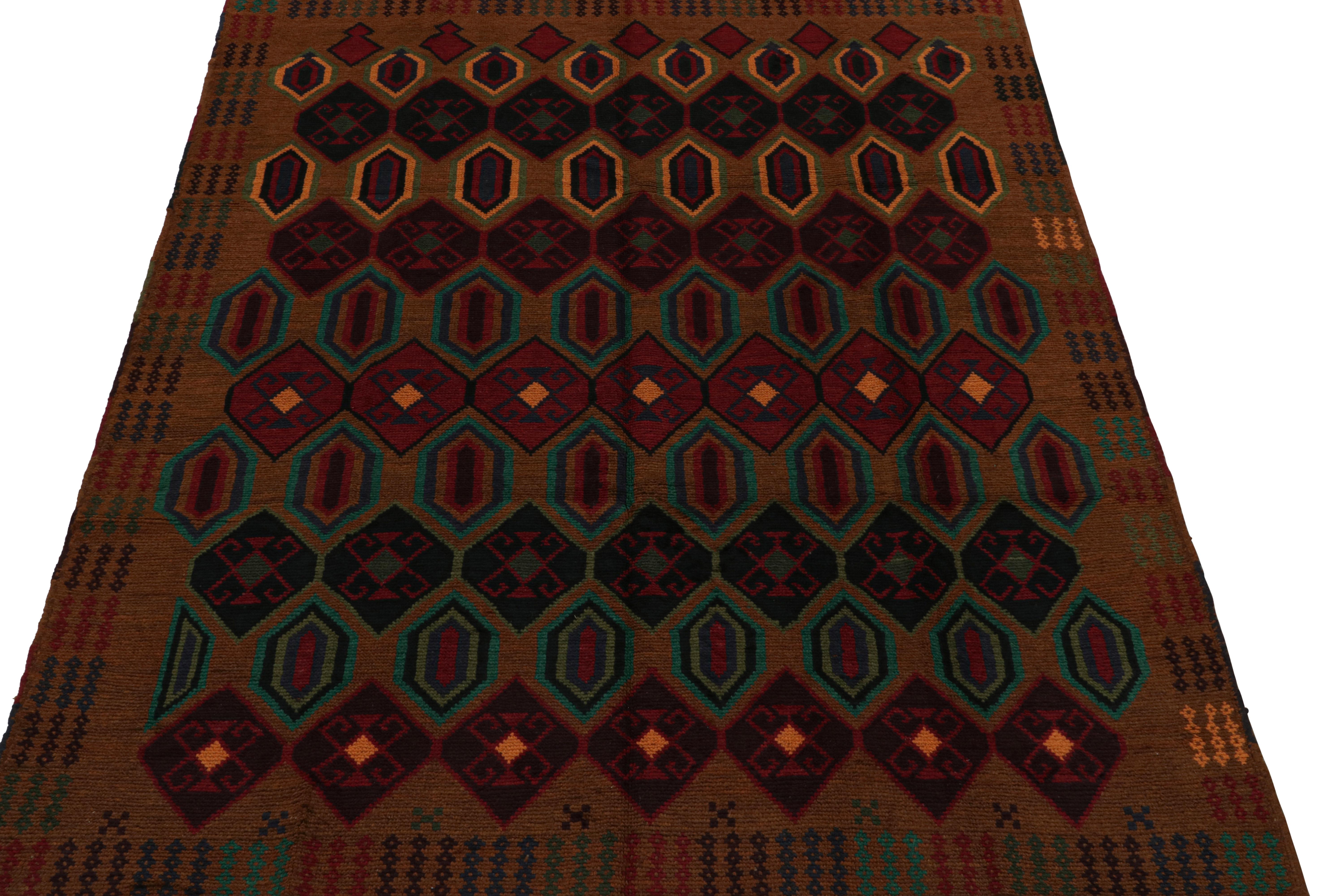 Afghan Rug & Kilim’s Baluch Tribal Rug in Rust Tones with Colorful Hexagon Patterns For Sale