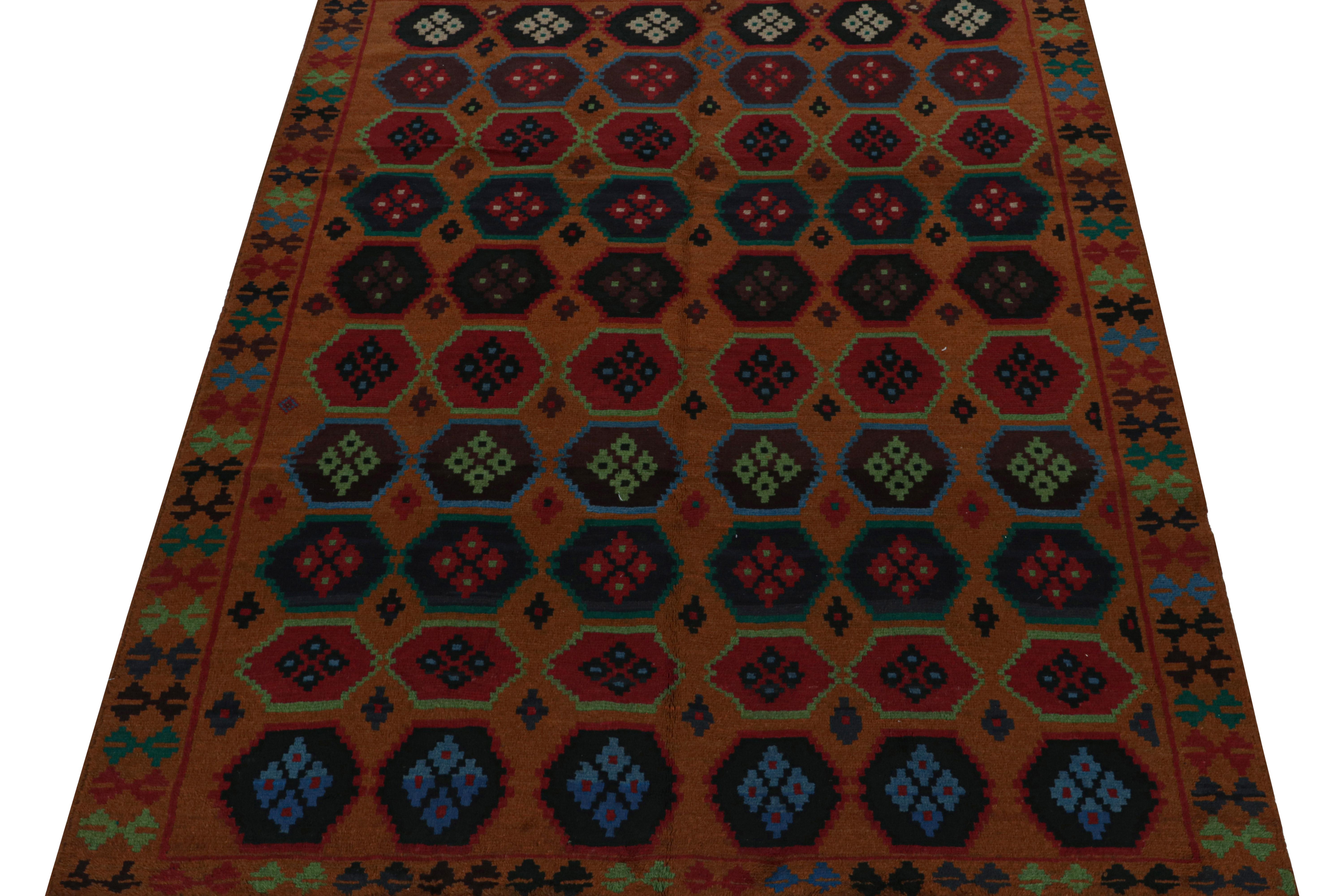 Afghan Rug & Kilim’s Baluch Tribal Rug in Rust Tones with Colorful Hexagon Patterns For Sale
