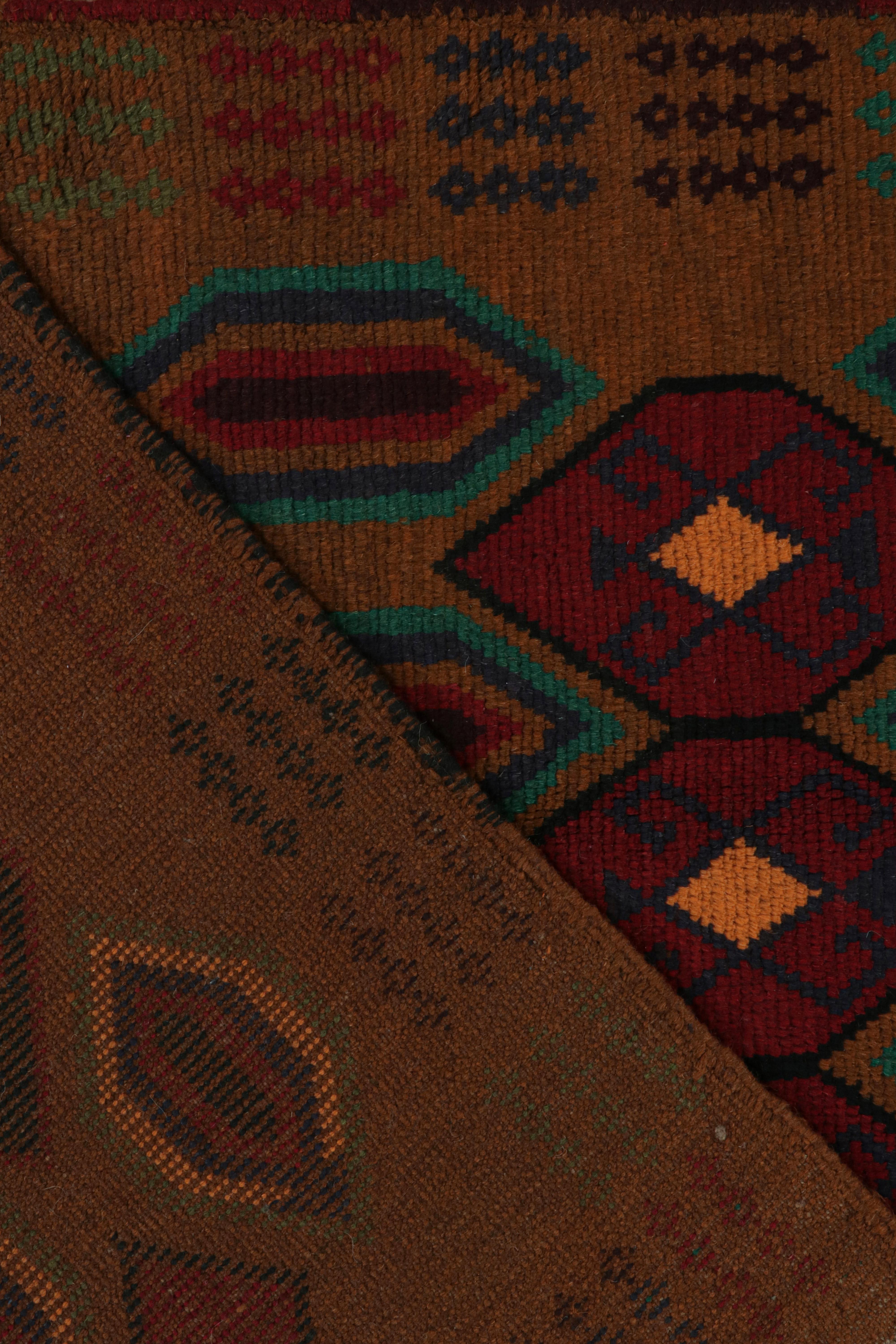 Wool Rug & Kilim’s Baluch Tribal Rug in Rust Tones with Colorful Hexagon Patterns For Sale