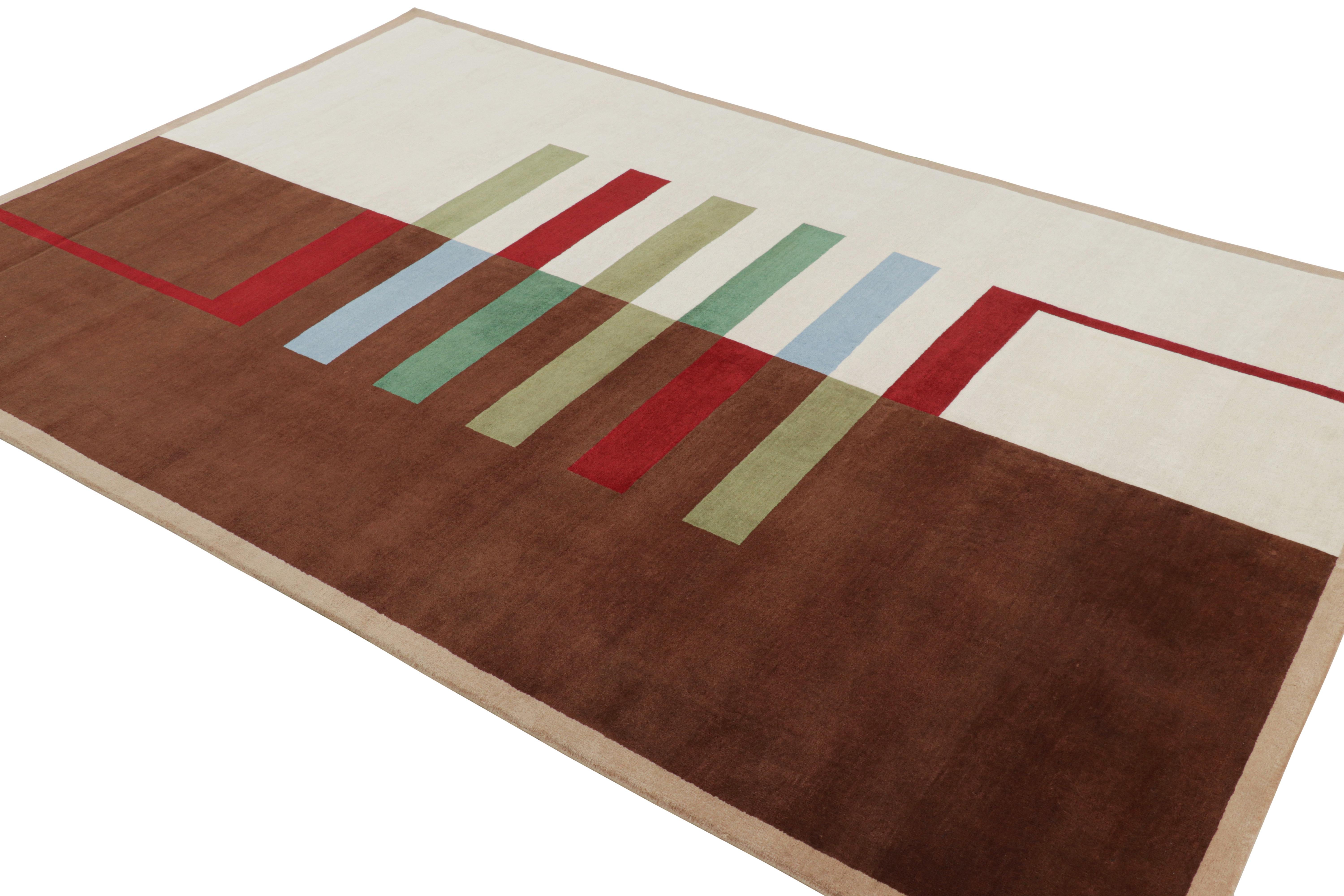 Annodato a mano Rug & Kilim: Tappeto in stile Bauhaus in marrone e bianco con motivi geometrici in vendita