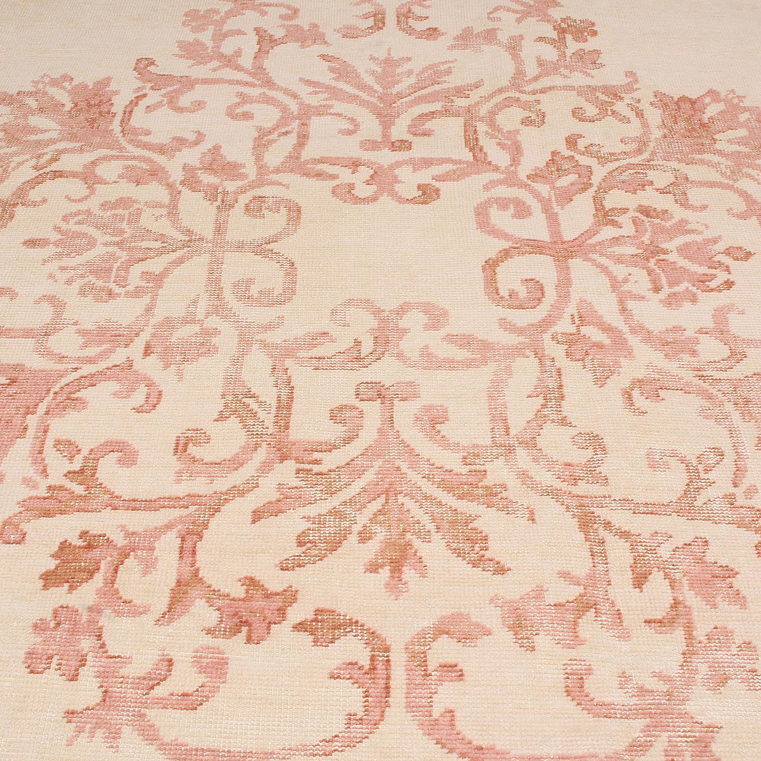 Art Deco Rug & Kilim’s Beige and Pink Medallion-Style Wool Rug from the Homage Collection For Sale