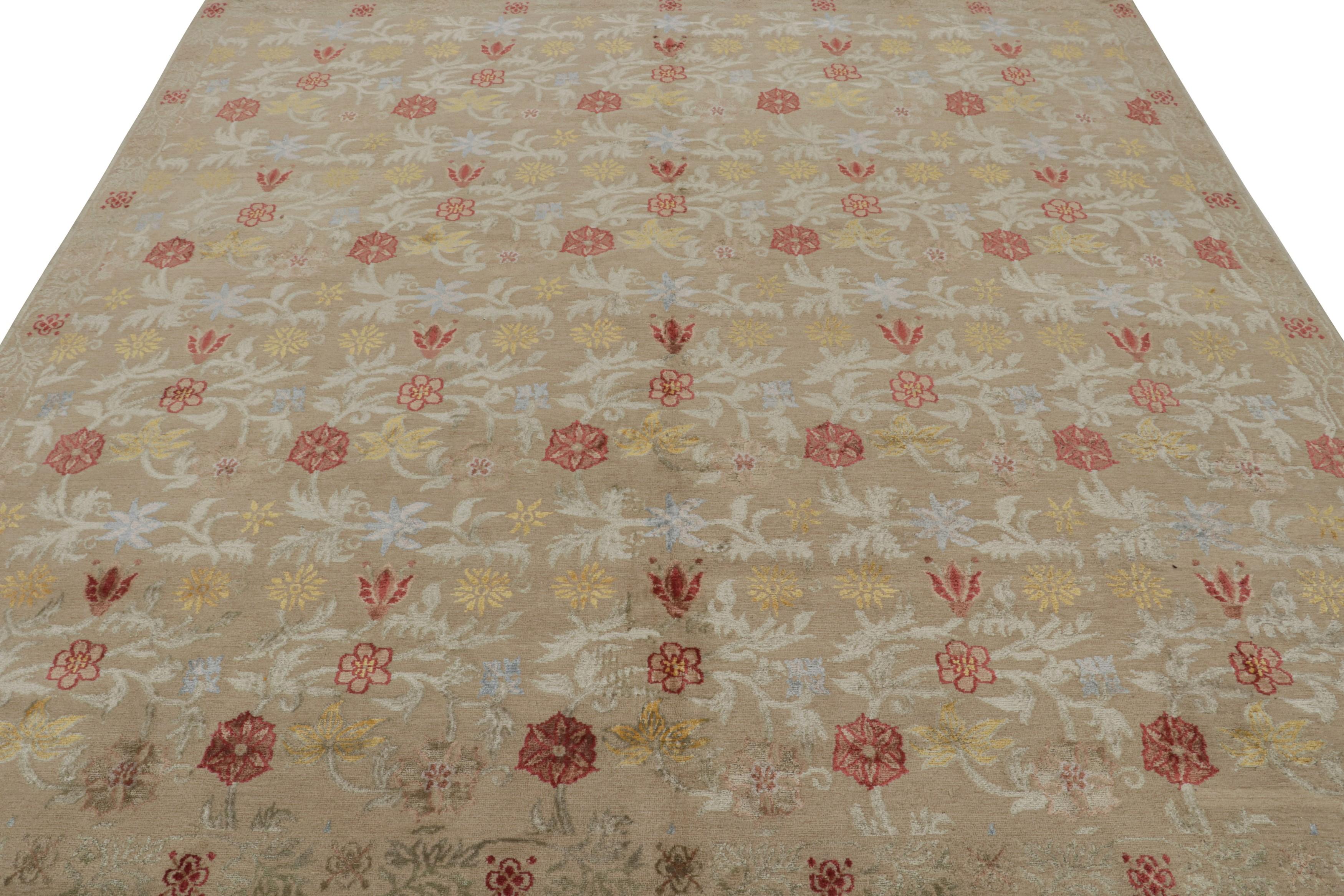 Nepalese Rug & Kilim’s “Bilbao” Spanish Style Rug in Beige with Colorful Floral Patterns For Sale