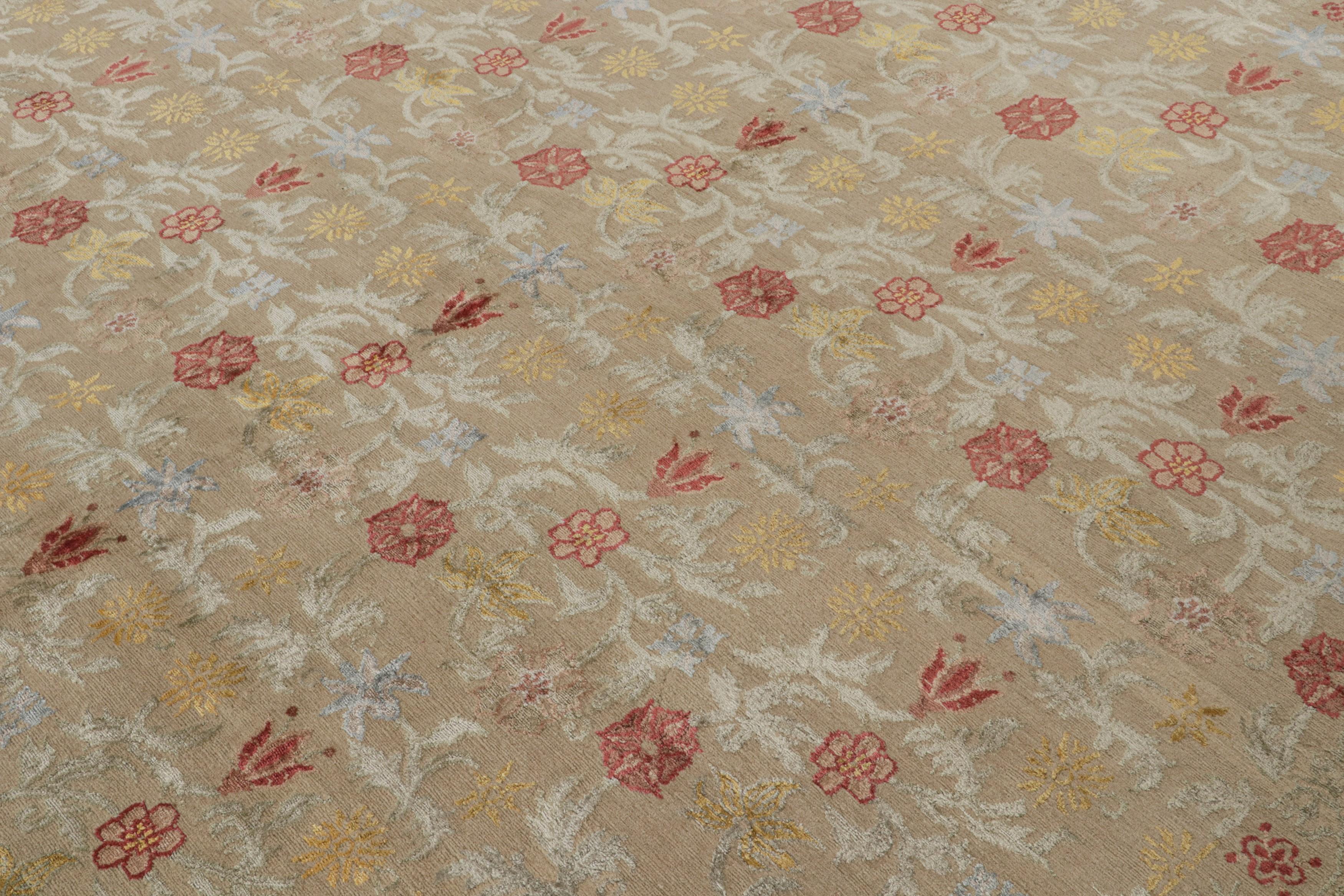 Hand-Knotted Rug & Kilim’s “Bilbao” Spanish Style Rug in Beige with Colorful Floral Patterns For Sale