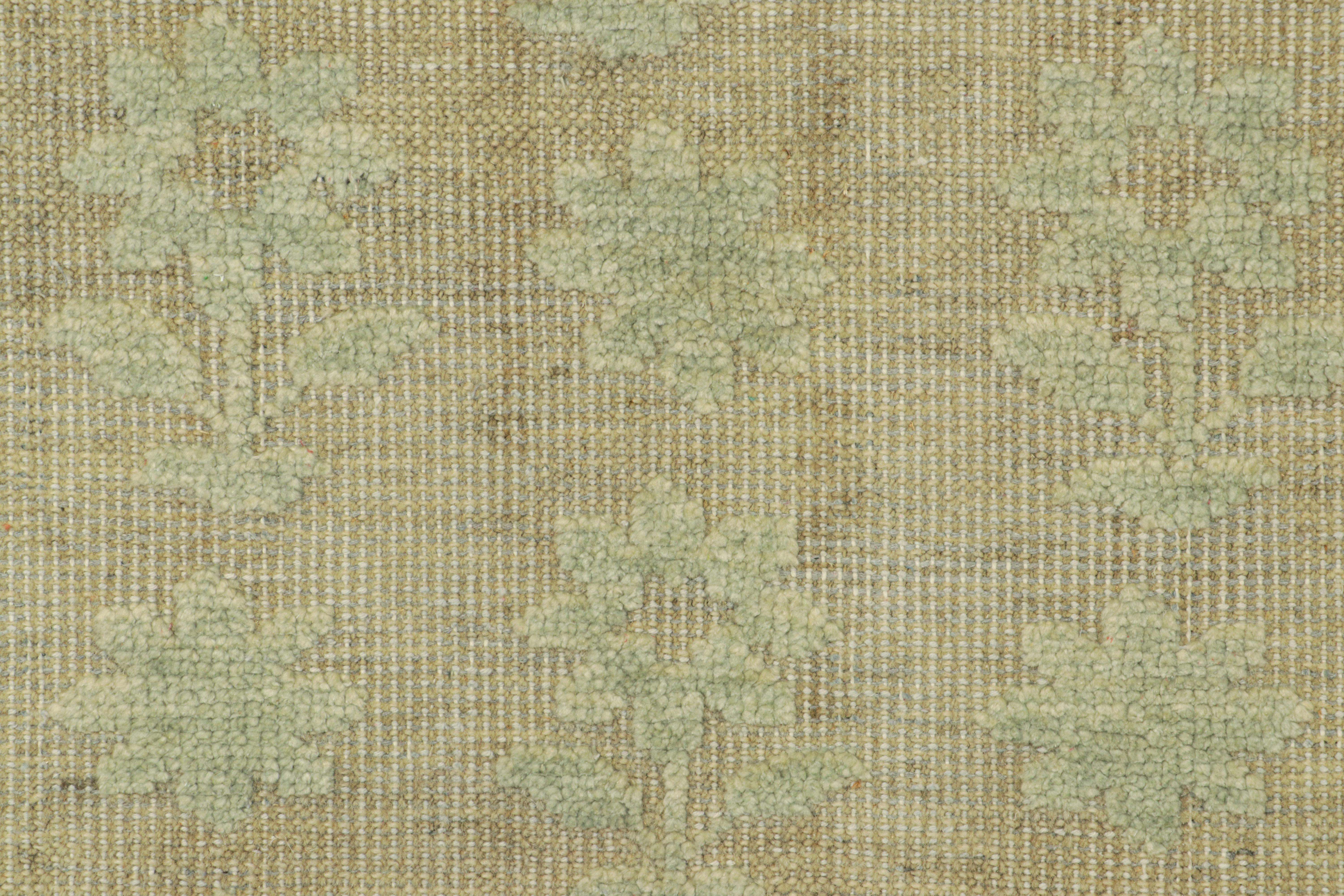 Indian Rug & Kilim’s Block Print Custom Rug Sample with Light Green Floral Patterns For Sale