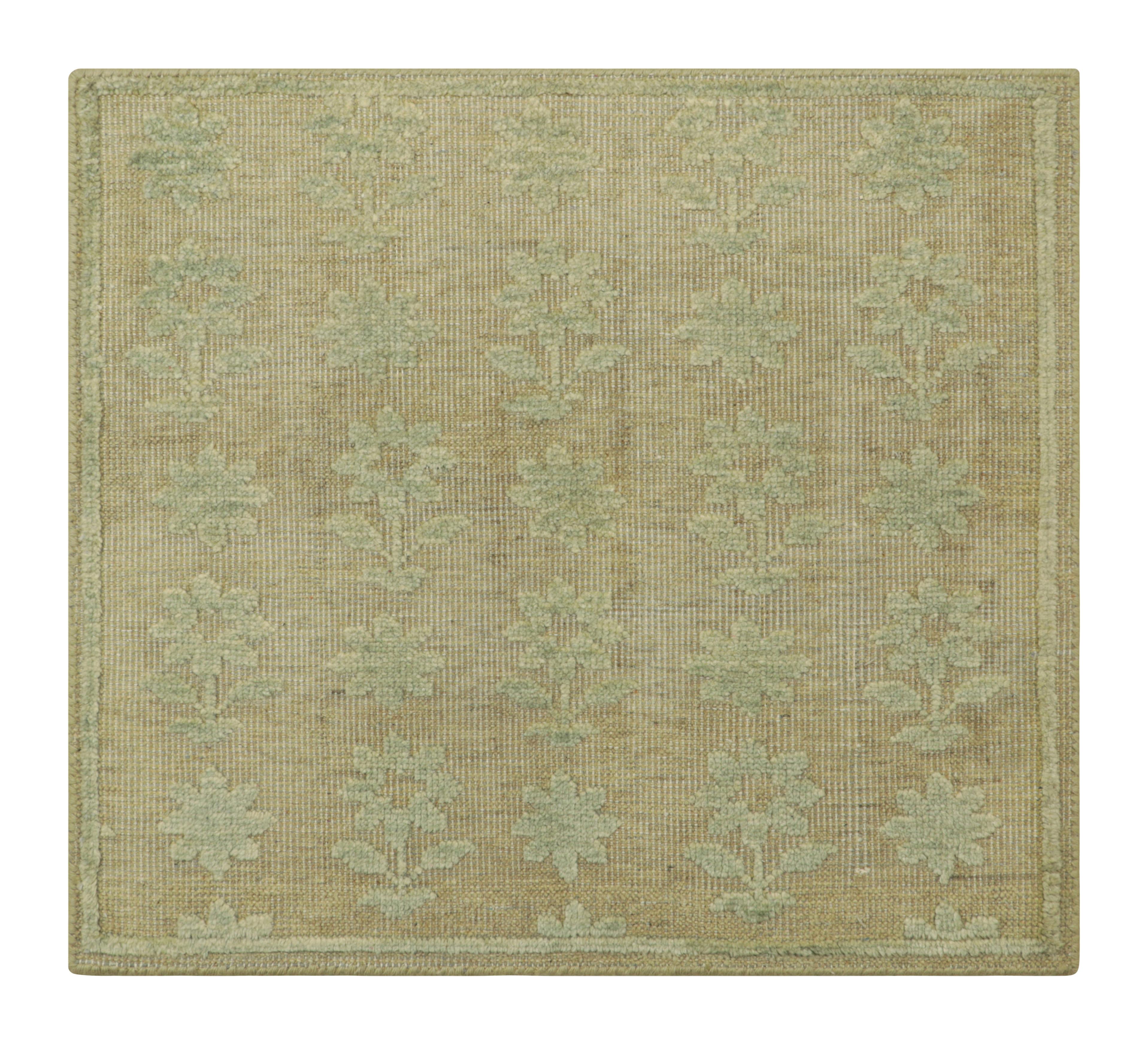Hand-Knotted Rug & Kilim’s Block Print Custom Rug Sample with Light Green Floral Patterns For Sale