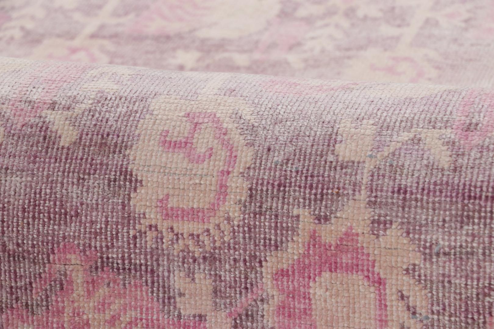 Hand-Knotted Rug & Kilim’s Block Print Floral Rug, Bright Pinks and Playful Floral Patterns For Sale