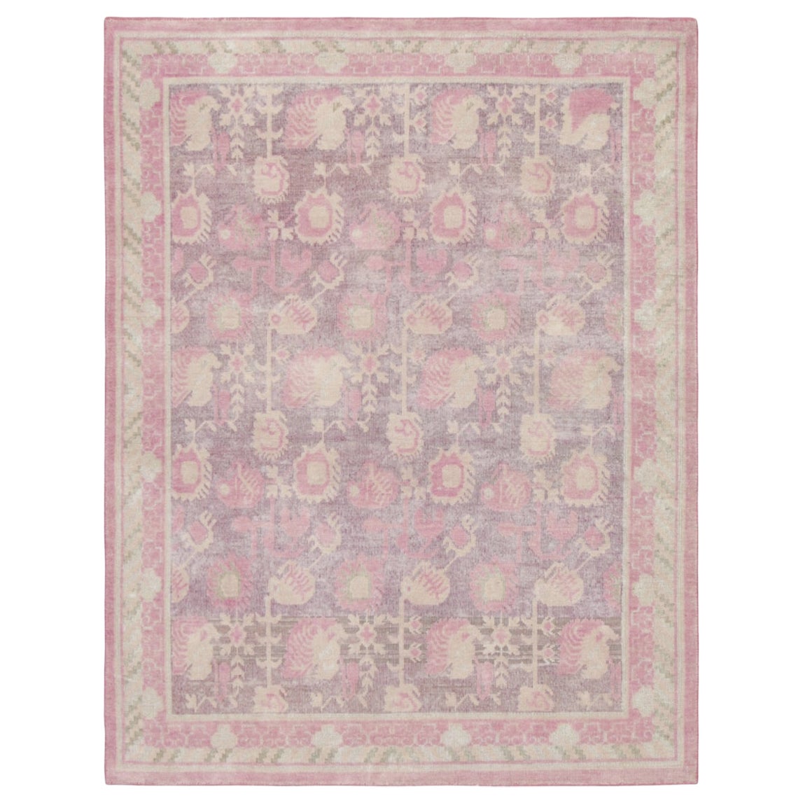 Rug & Kilim’s Block Print Floral Rug, Bright Pinks and Playful Floral Patterns For Sale