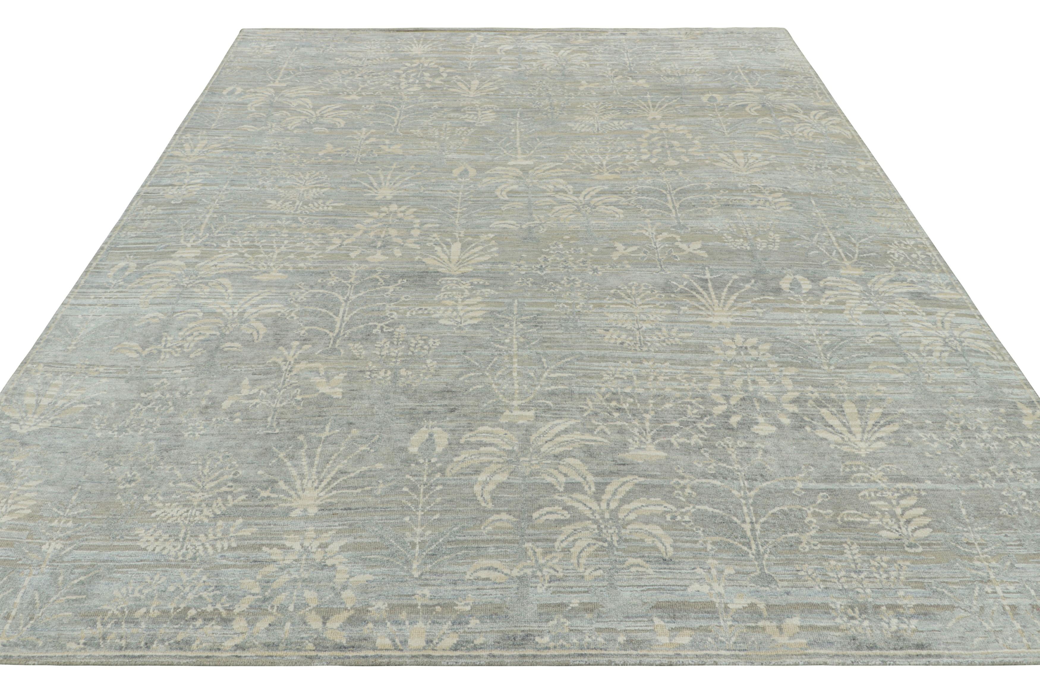 Noué à la main Rug & Kilim's Block Print Rug, Blue and Gray with Cream White Floral Patterns (tapis imprimé en bloc, bleu et gris avec des motifs floraux crème et blancs) en vente